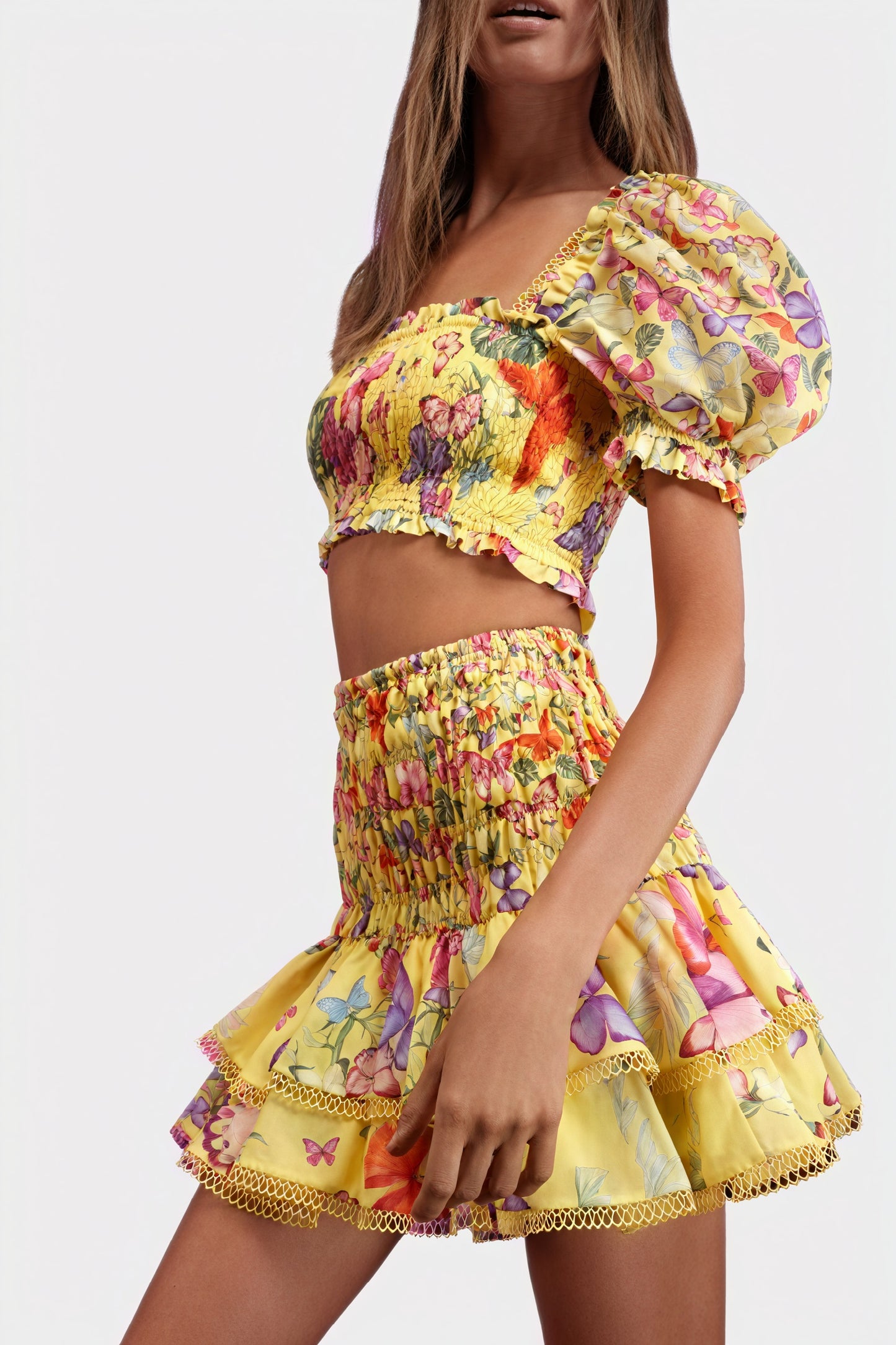 Floral Two-Piece Set - Smocked Bodice, Ruffle Skirt