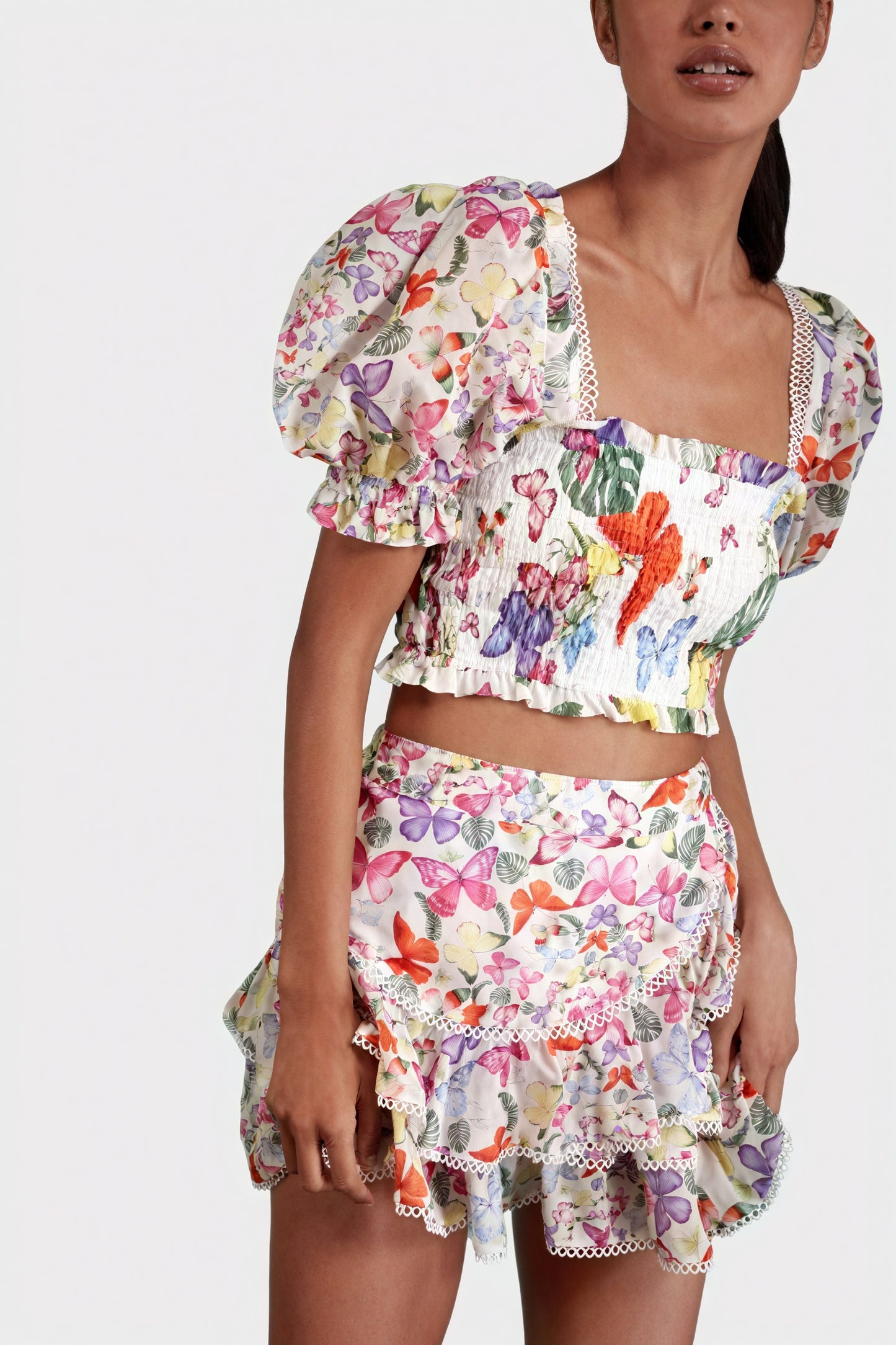 Floral Two-Piece Set - Smocked Bodice, Ruffle Skirt