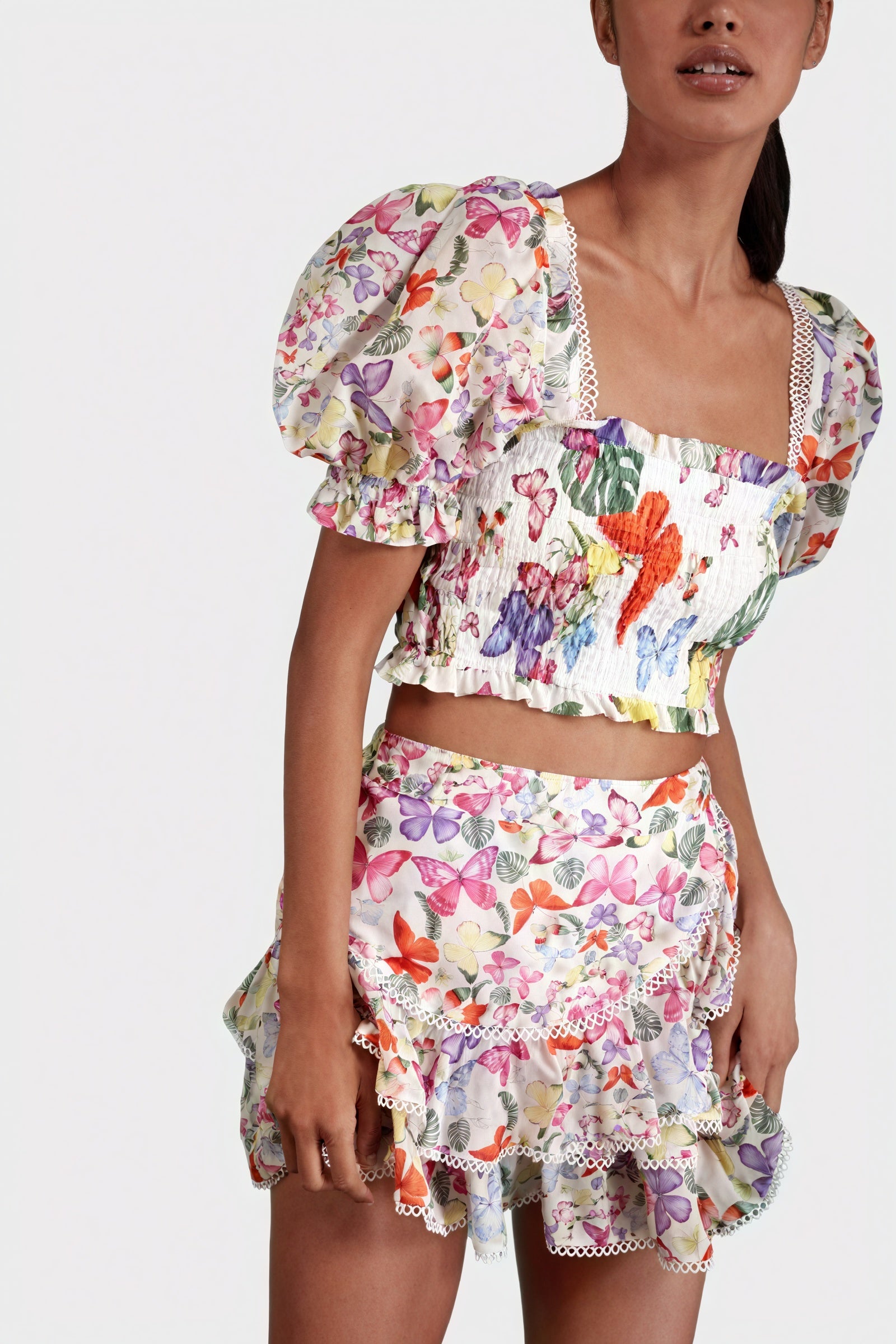 Floral Two-Piece Set - Smocked Bodice, Ruffle Skirt