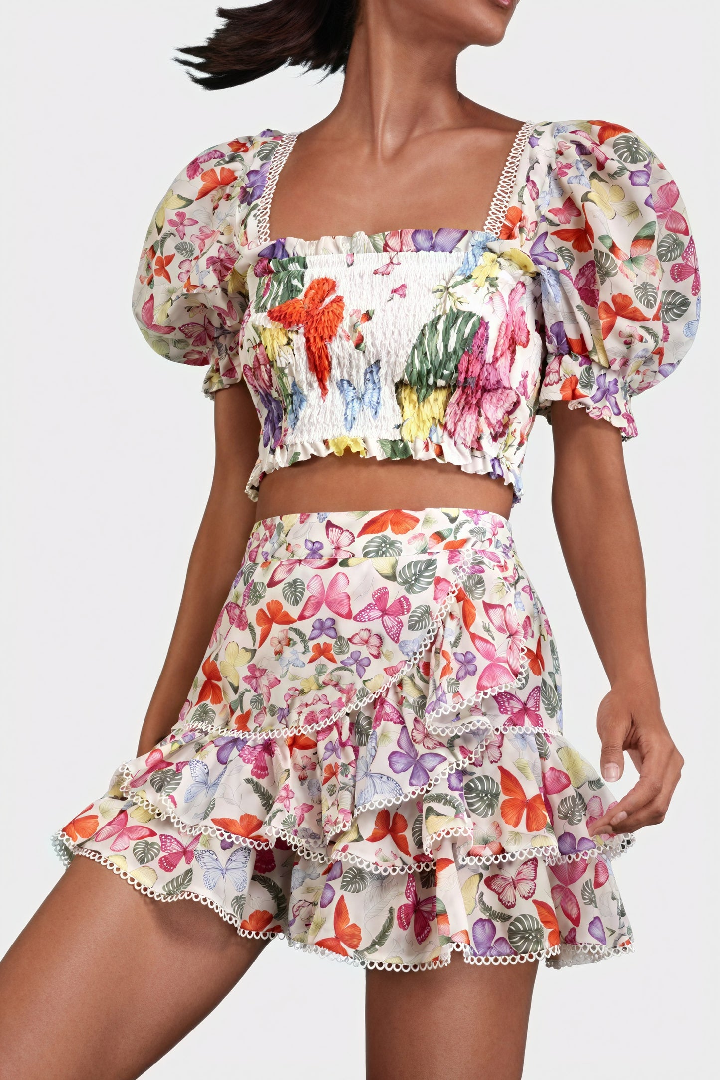 Floral Two-Piece Set - Smocked Bodice, Ruffle Skirt