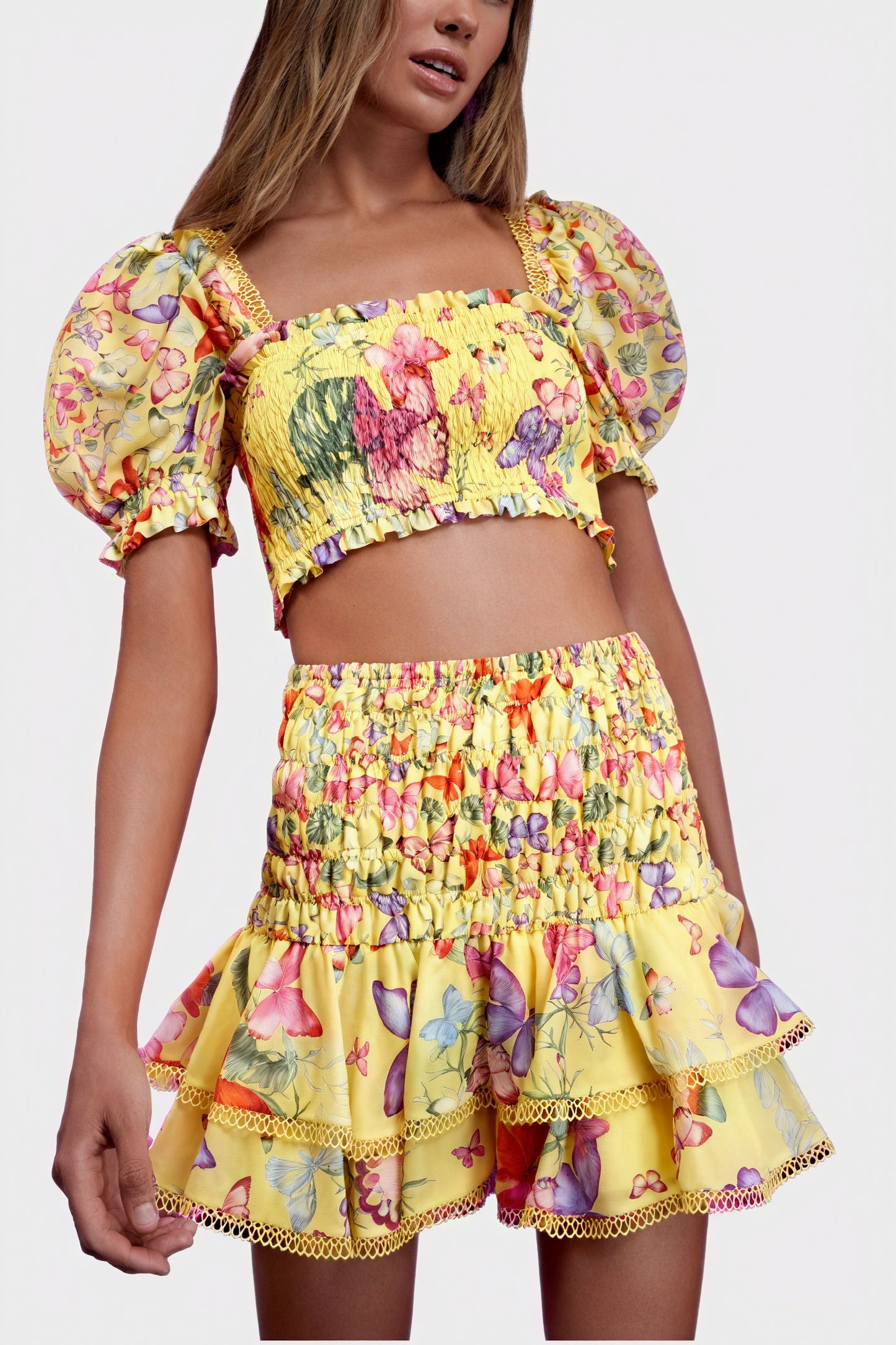 Floral Two-Piece Set - Smocked Bodice, Ruffle Skirt