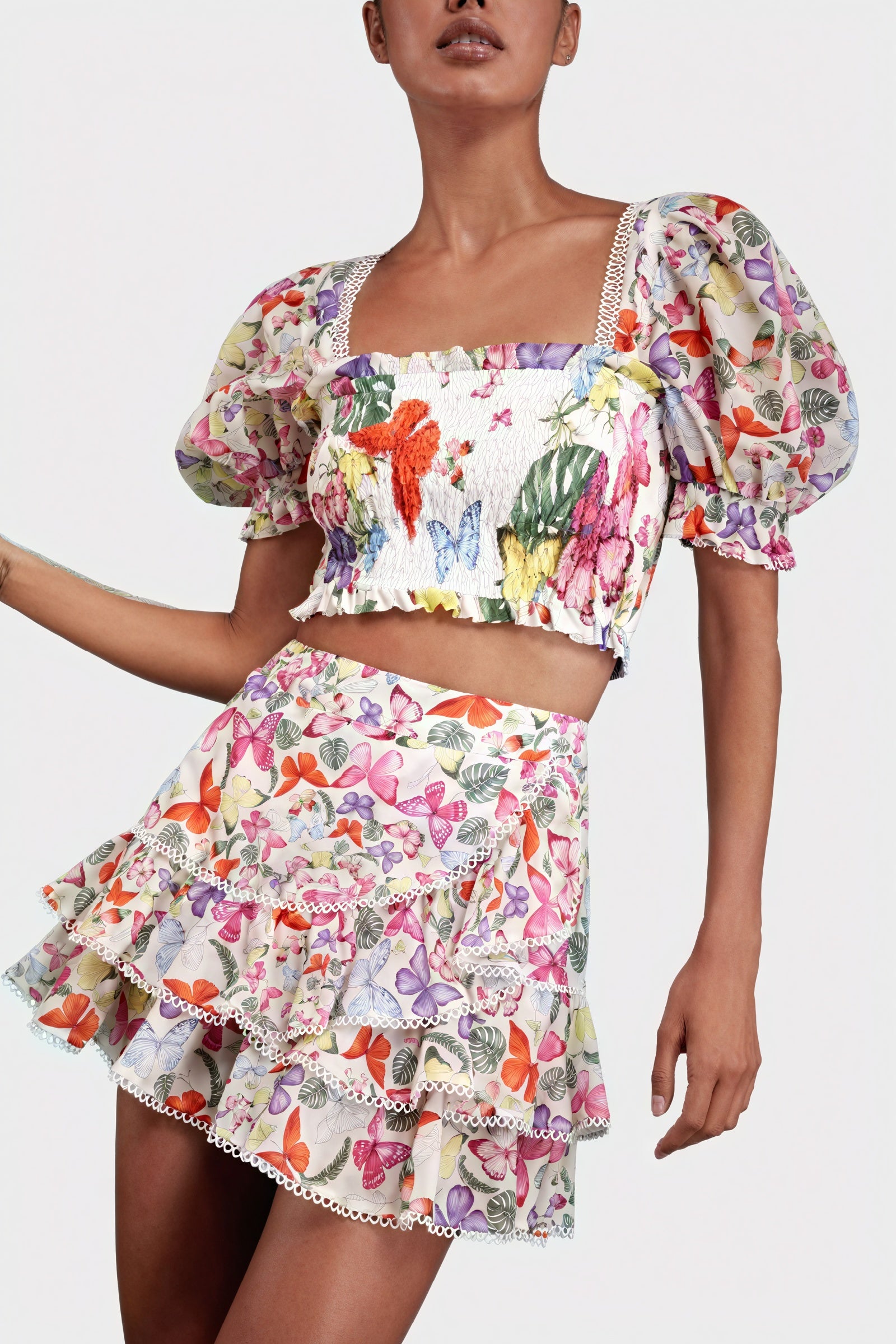 Floral Two-Piece Set - Smocked Bodice, Ruffle Skirt
