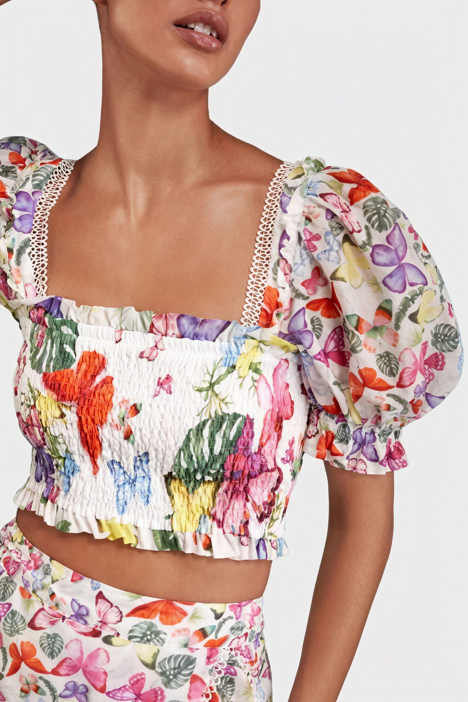 Floral Two-Piece Set - Smocked Bodice, Ruffle Skirt