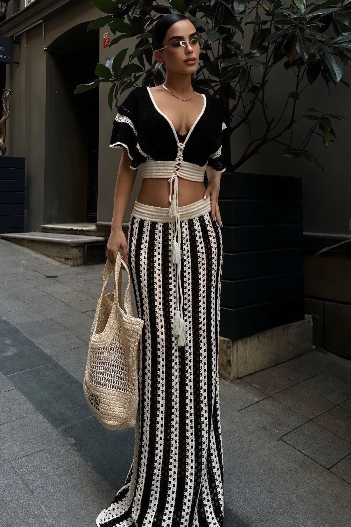 Crochet Two-Piece Set - Open Weave, Trim Detail