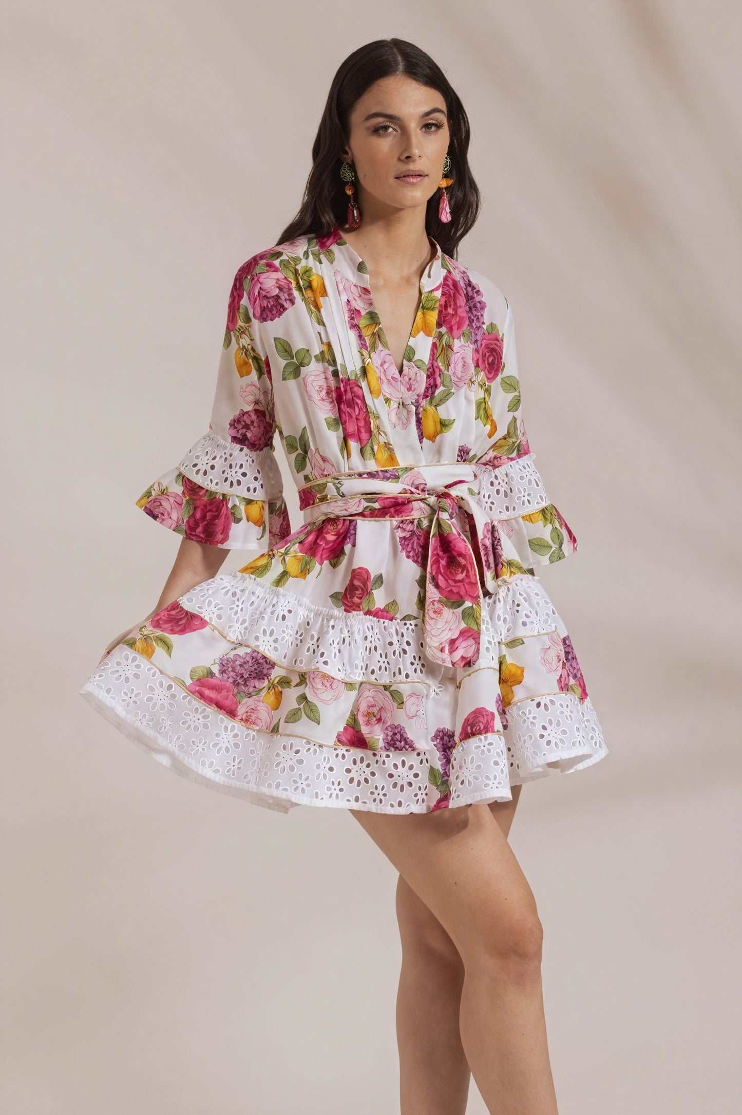 Floral Wrap Dress - Ruffled Skirt, Eyelet Trim