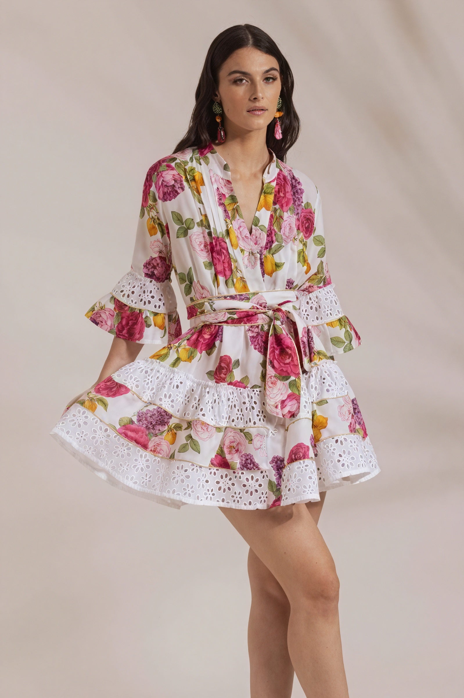 Floral Wrap Dress - Ruffled Skirt, Eyelet Trim