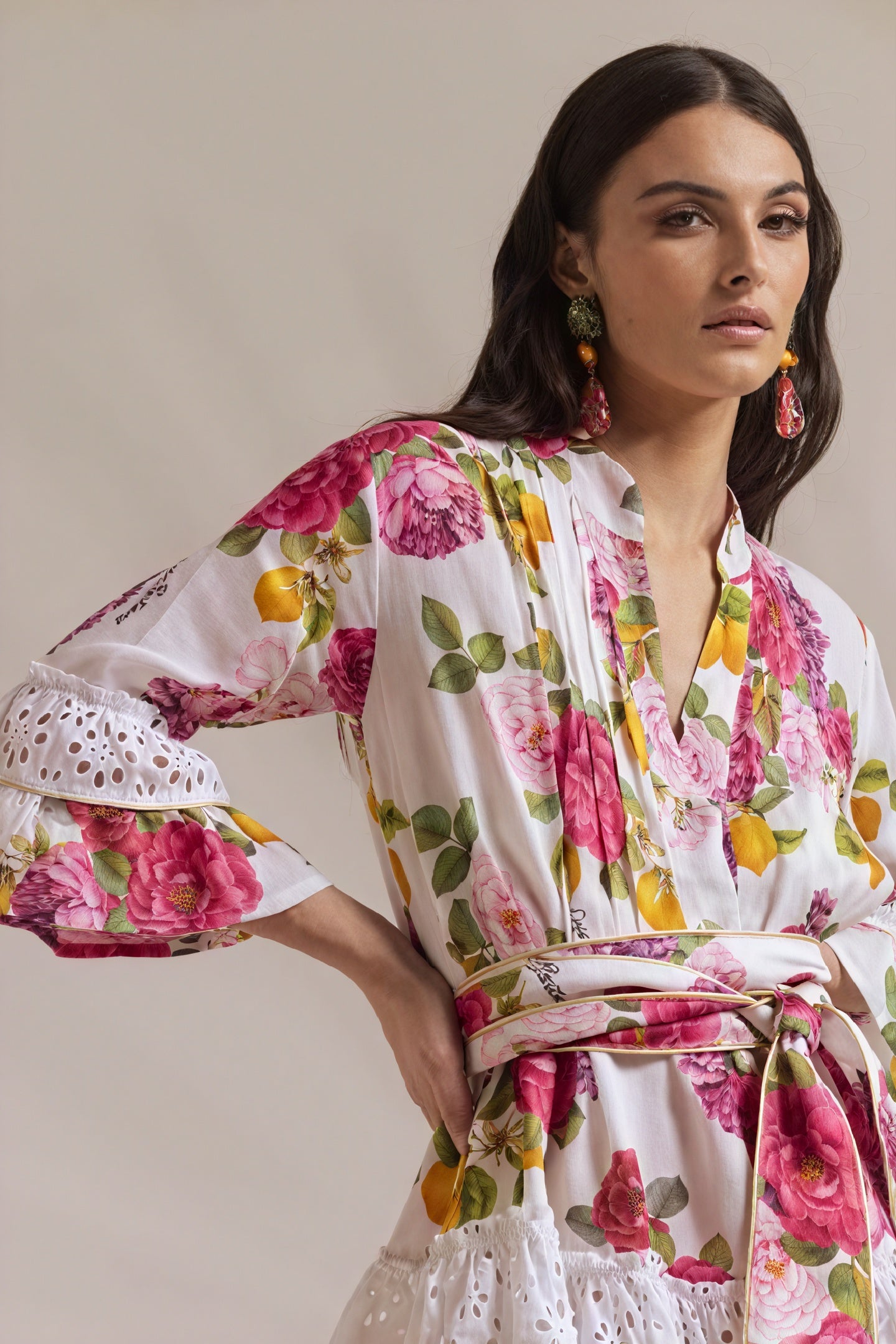 Floral Wrap Dress - Ruffled Skirt, Eyelet Trim