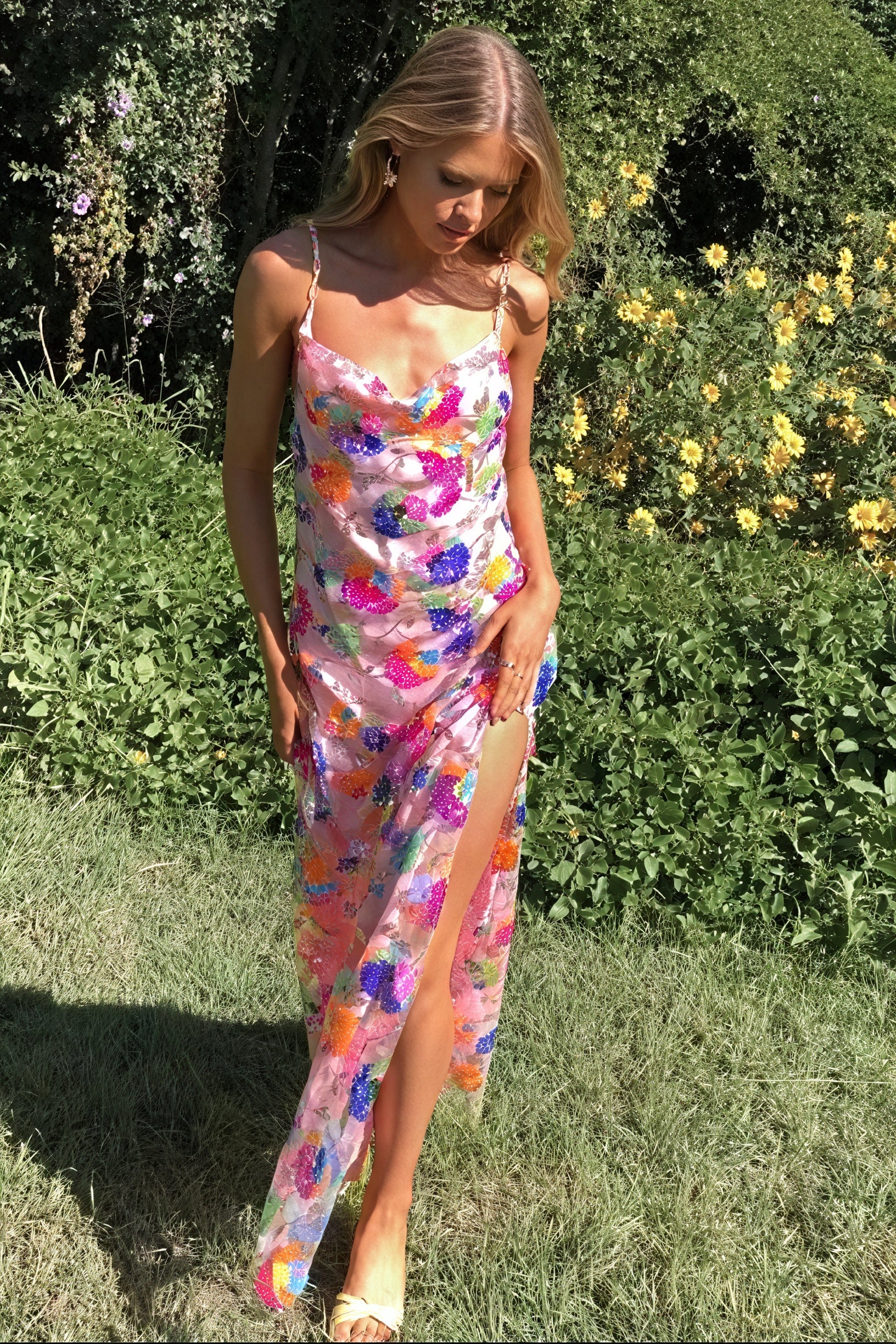 Floral Maxi Dress - Open Back & Chain Straps