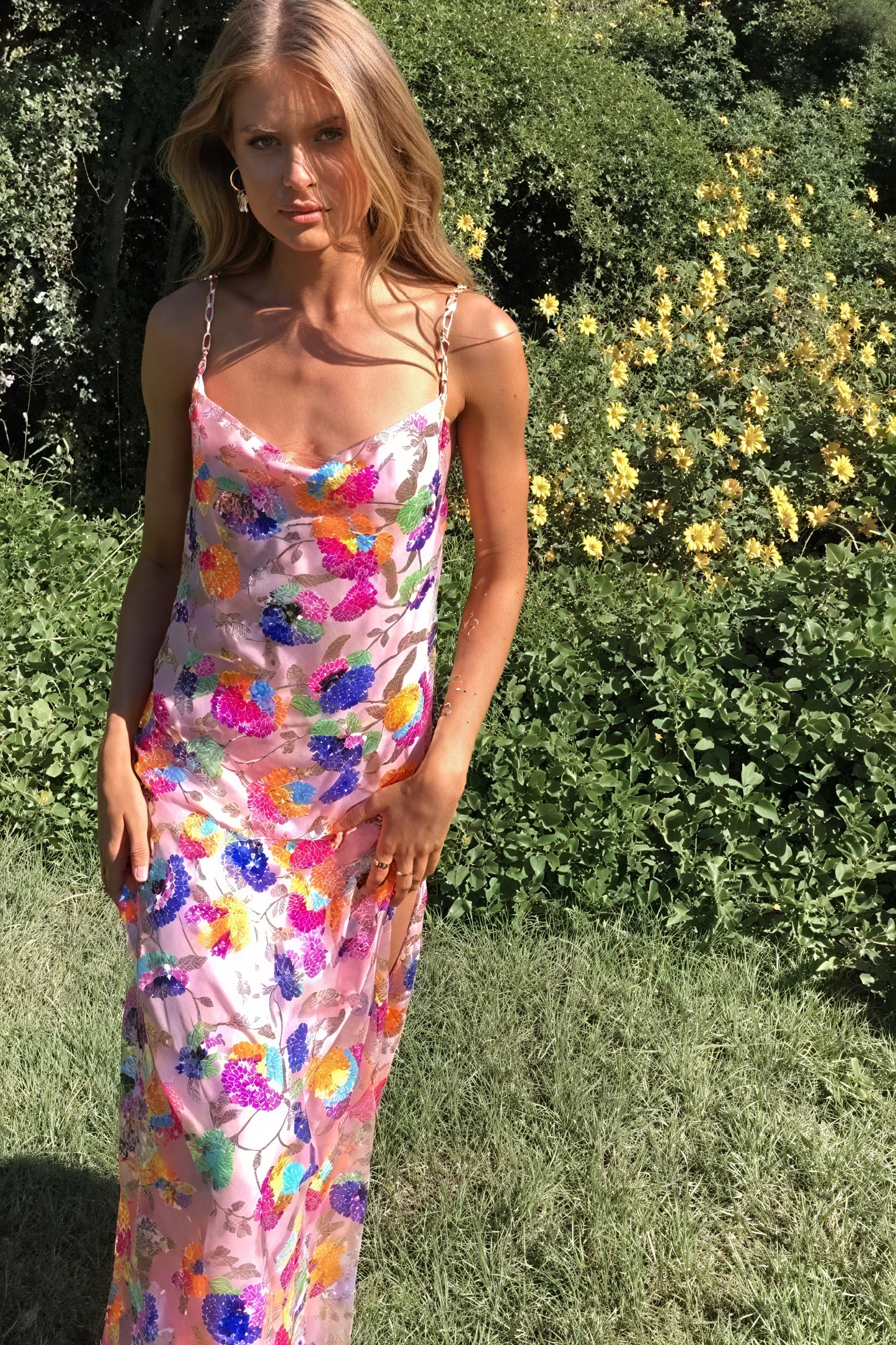 Floral Maxi Dress - Open Back & Chain Straps