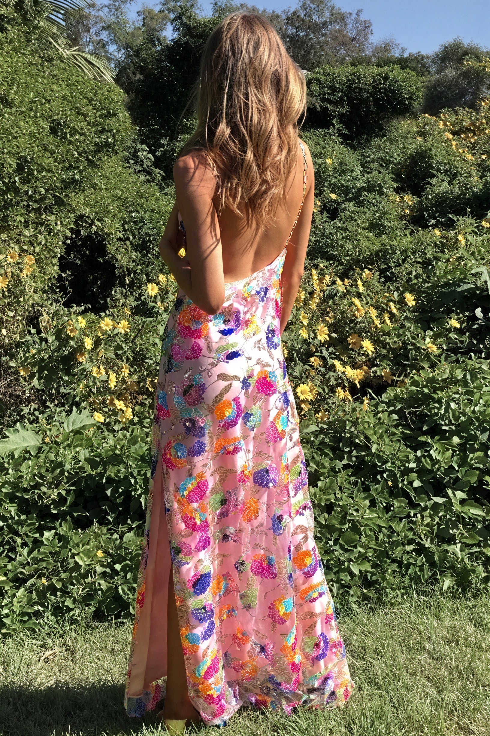 Floral Maxi Dress - Open Back & Chain Straps