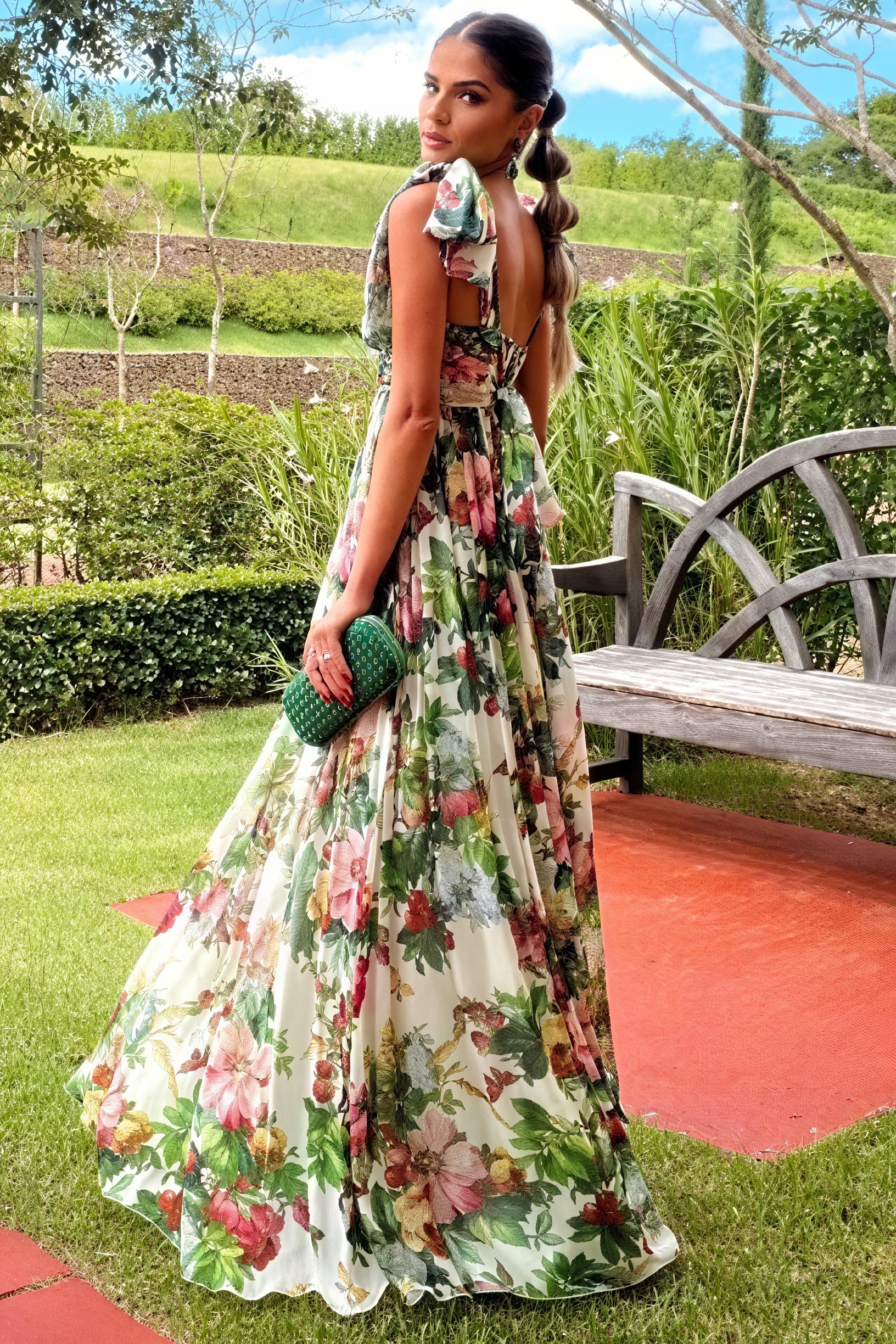 Floral Print Floor-Length Dress with Bow Detail