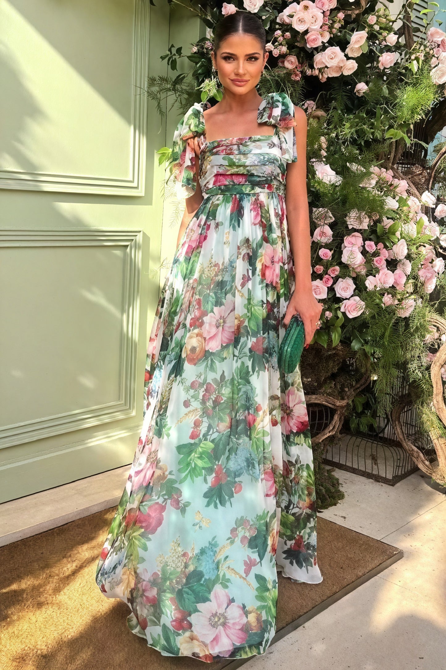 Floral Print Floor-Length Dress with Bow Detail