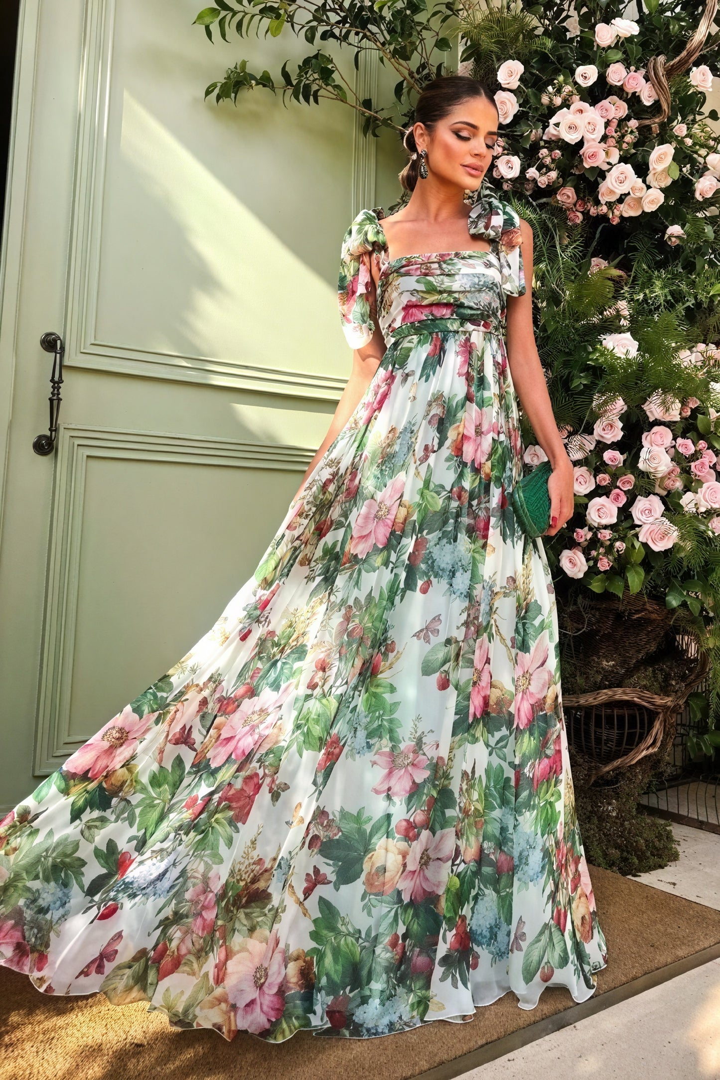 Floral Print Floor-Length Dress with Bow Detail