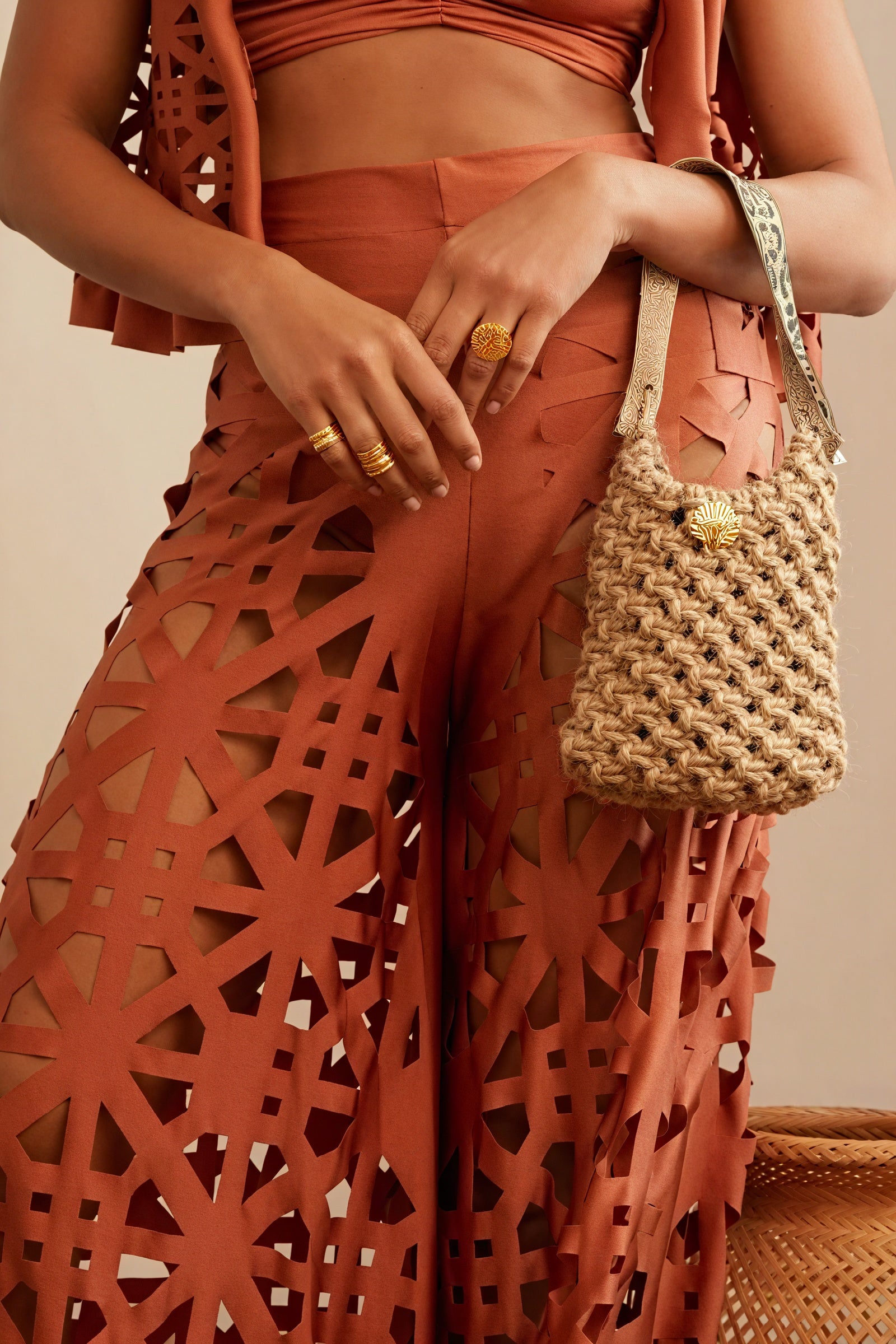 Laser-Cut Vest & Wide-Leg Pant Set