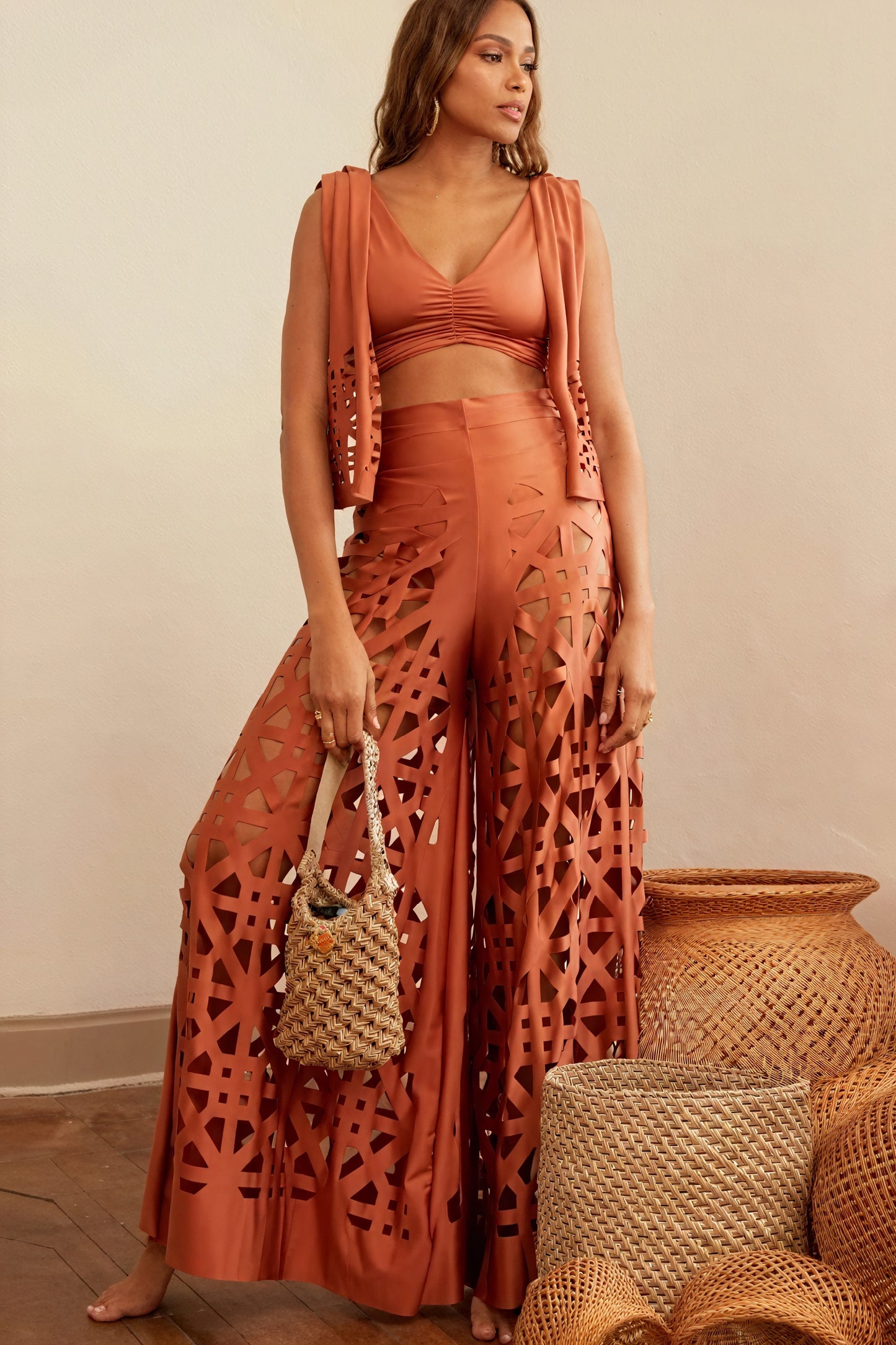 Laser-Cut Vest & Wide-Leg Pant Set