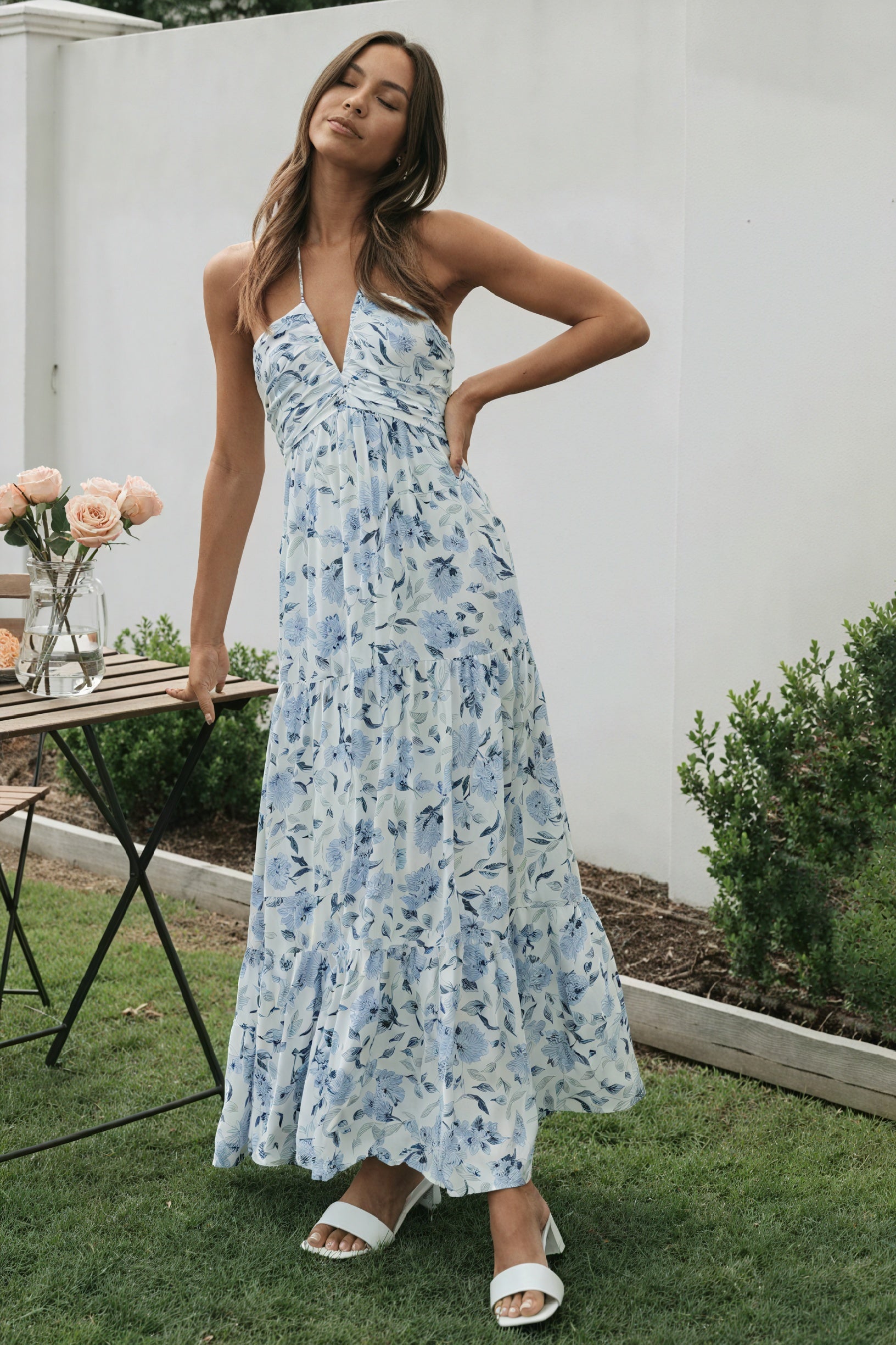 Floral Halter Maxi Dress - Tiered Skirt