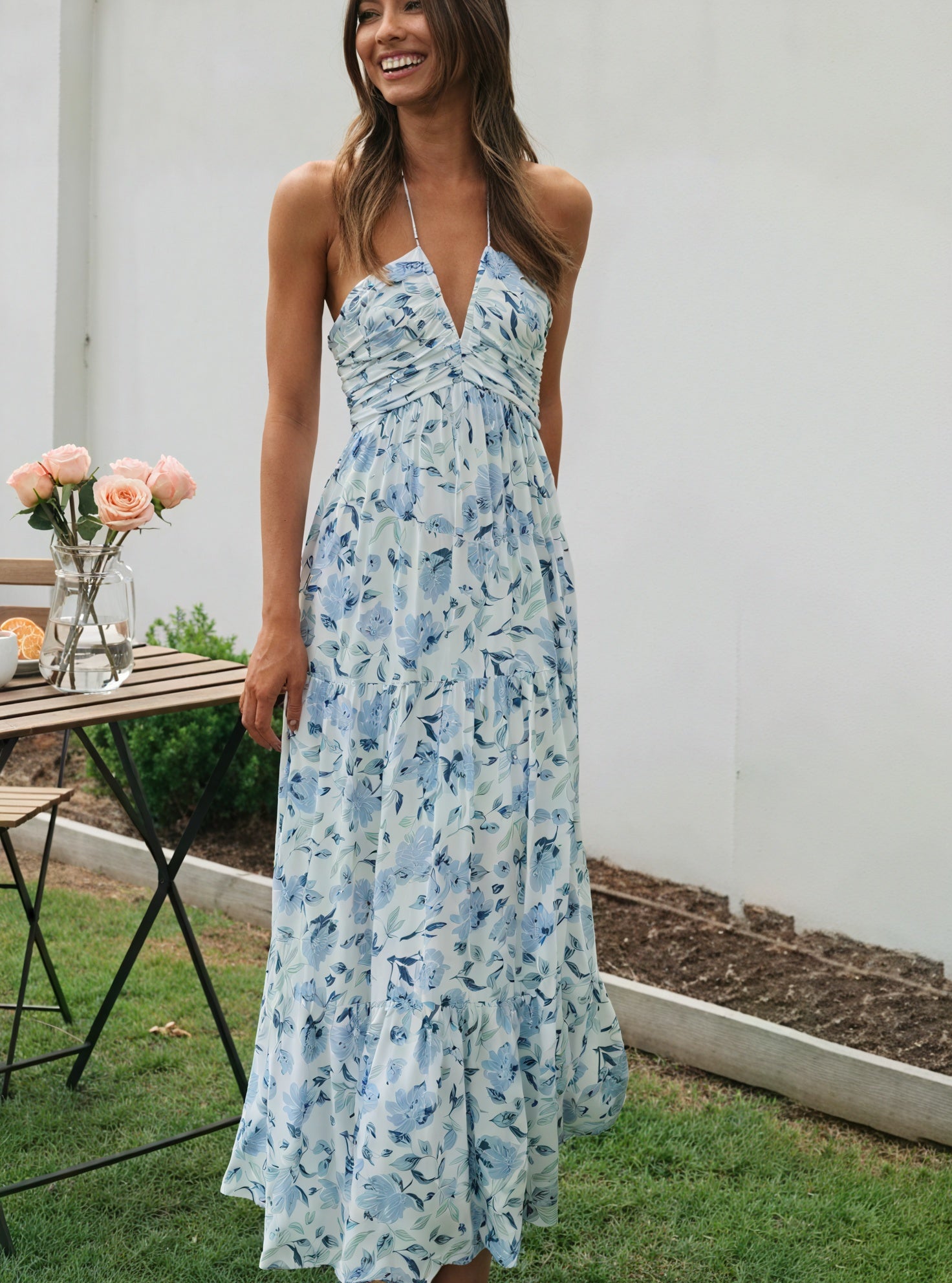 Floral Halter Maxi Dress - Tiered Skirt