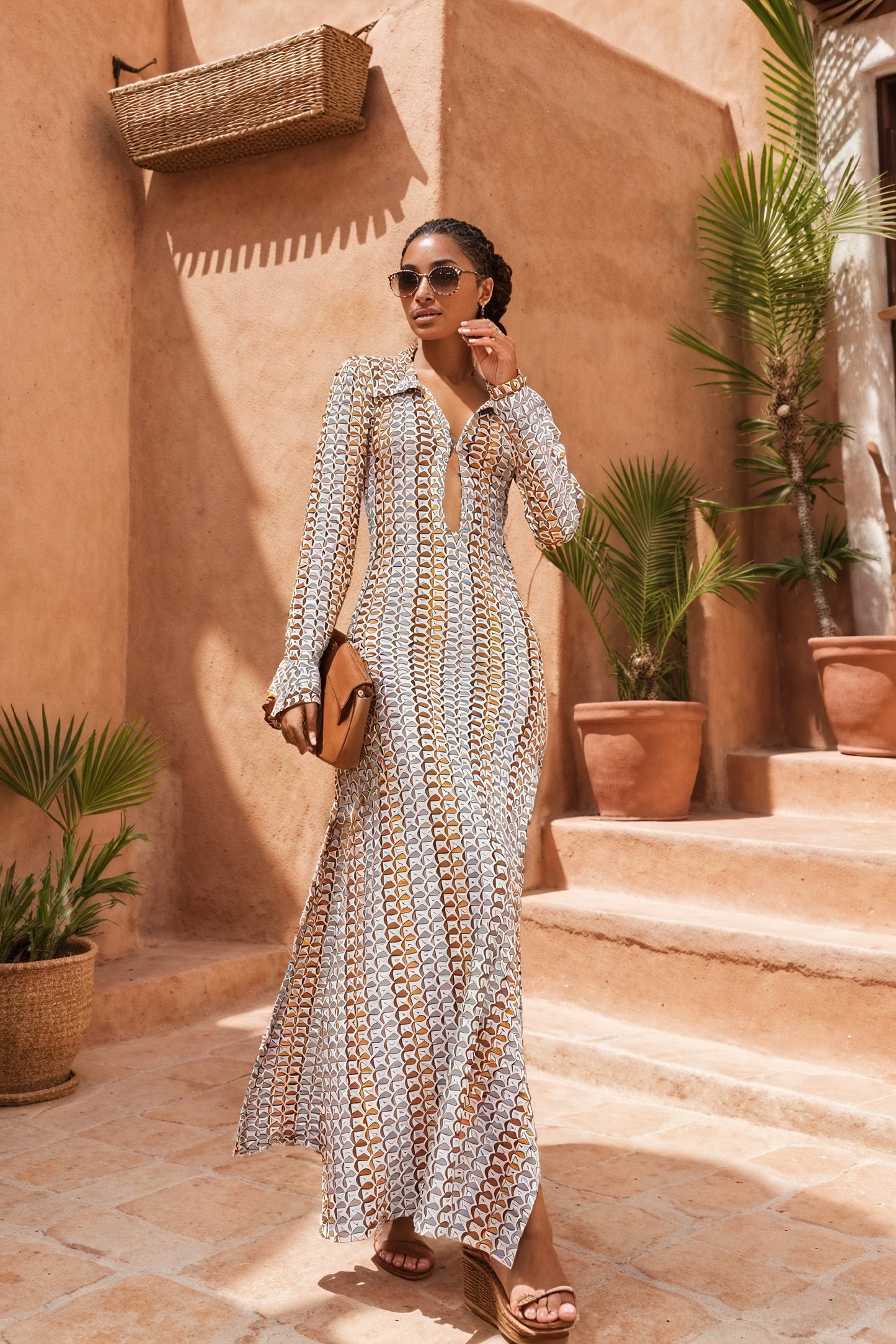 Geometric Maxi Dress - Long Sleeve V-Neck