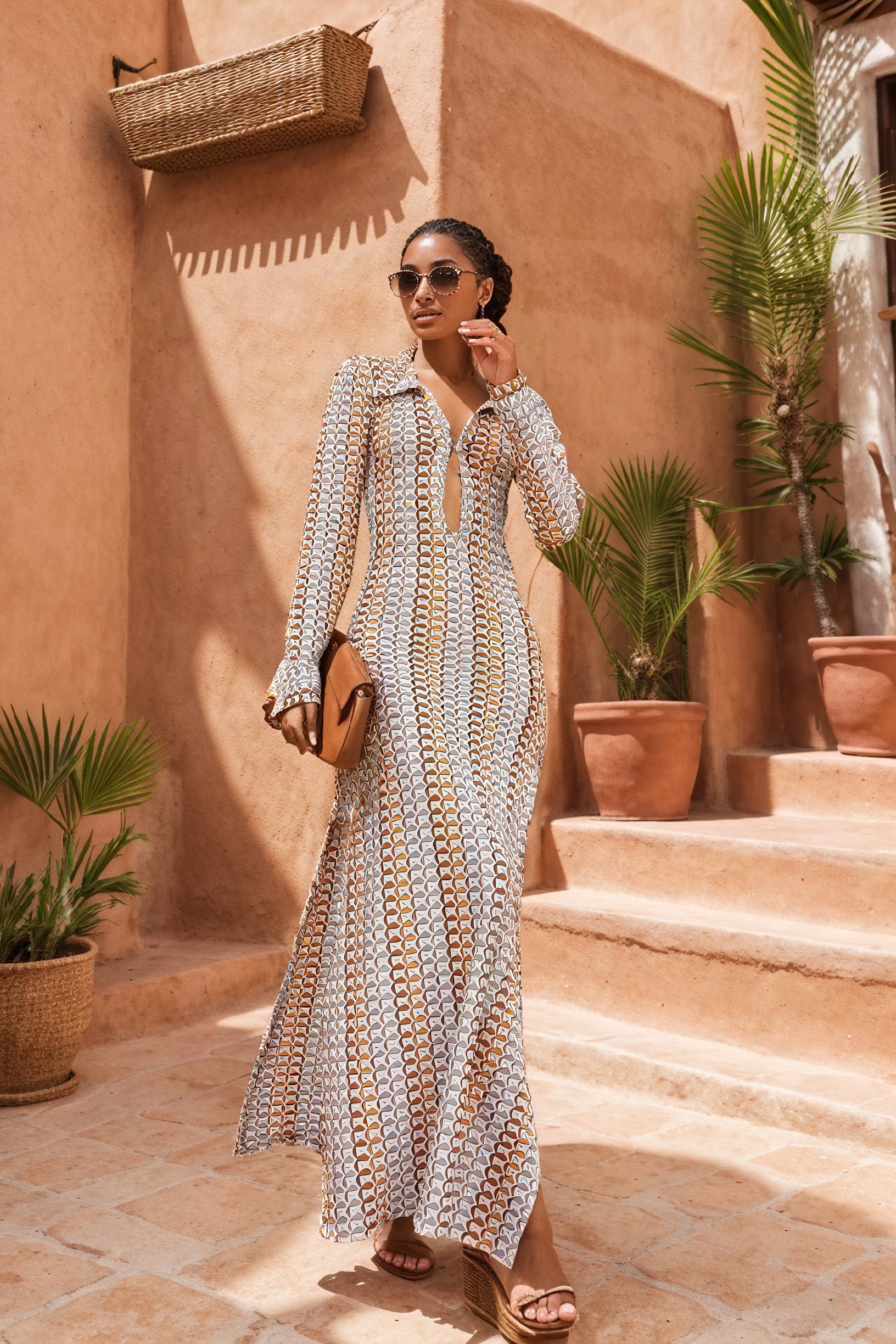 Geometric Maxi Dress - Long Sleeve V-Neck