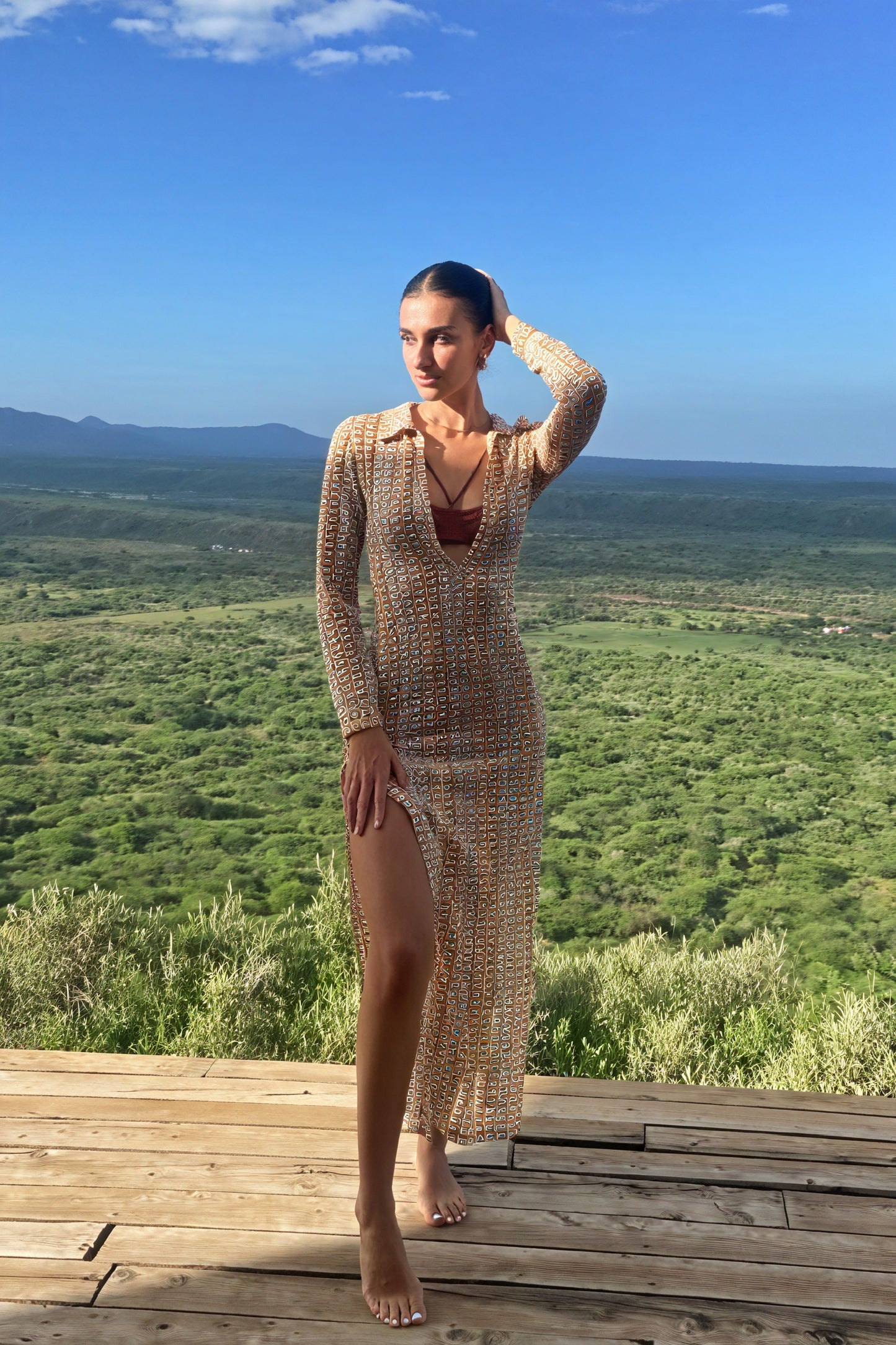 Geometric Maxi Dress - Long Sleeve V-Neck