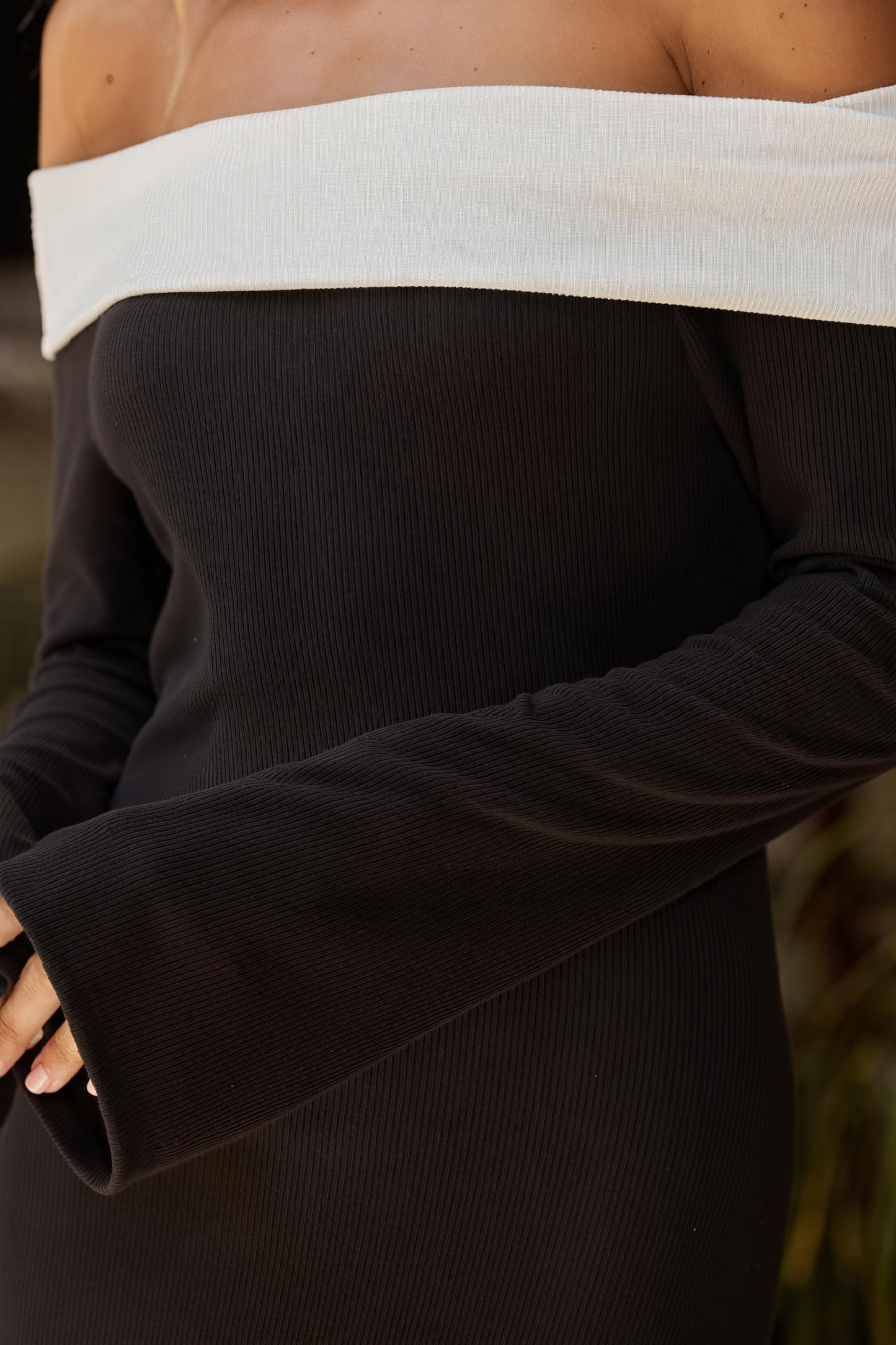 Off-Shoulder Evening Gown with Flared Sleeves