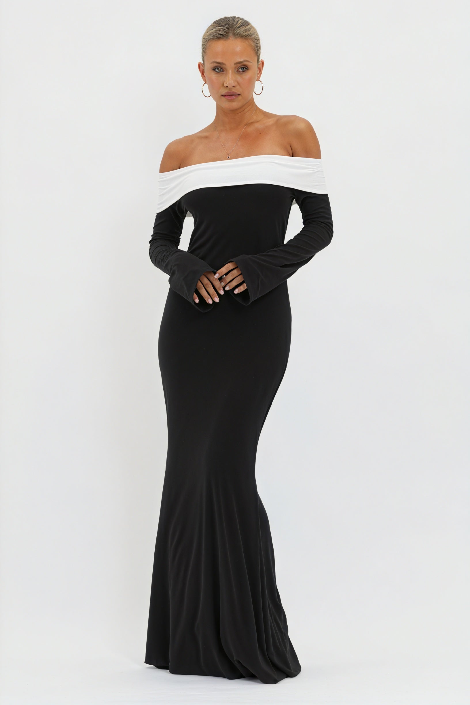 Off-Shoulder Evening Gown with Flared Sleeves