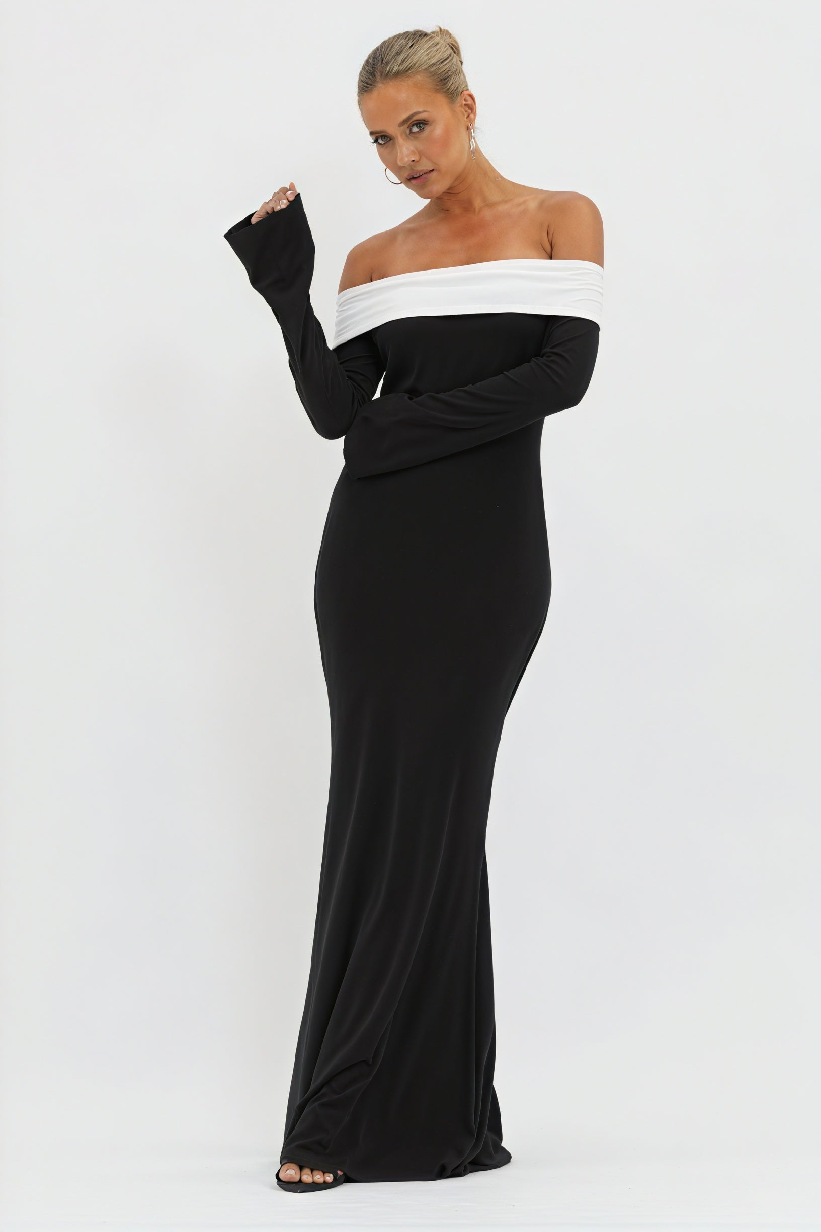 Off-Shoulder Evening Gown with Flared Sleeves