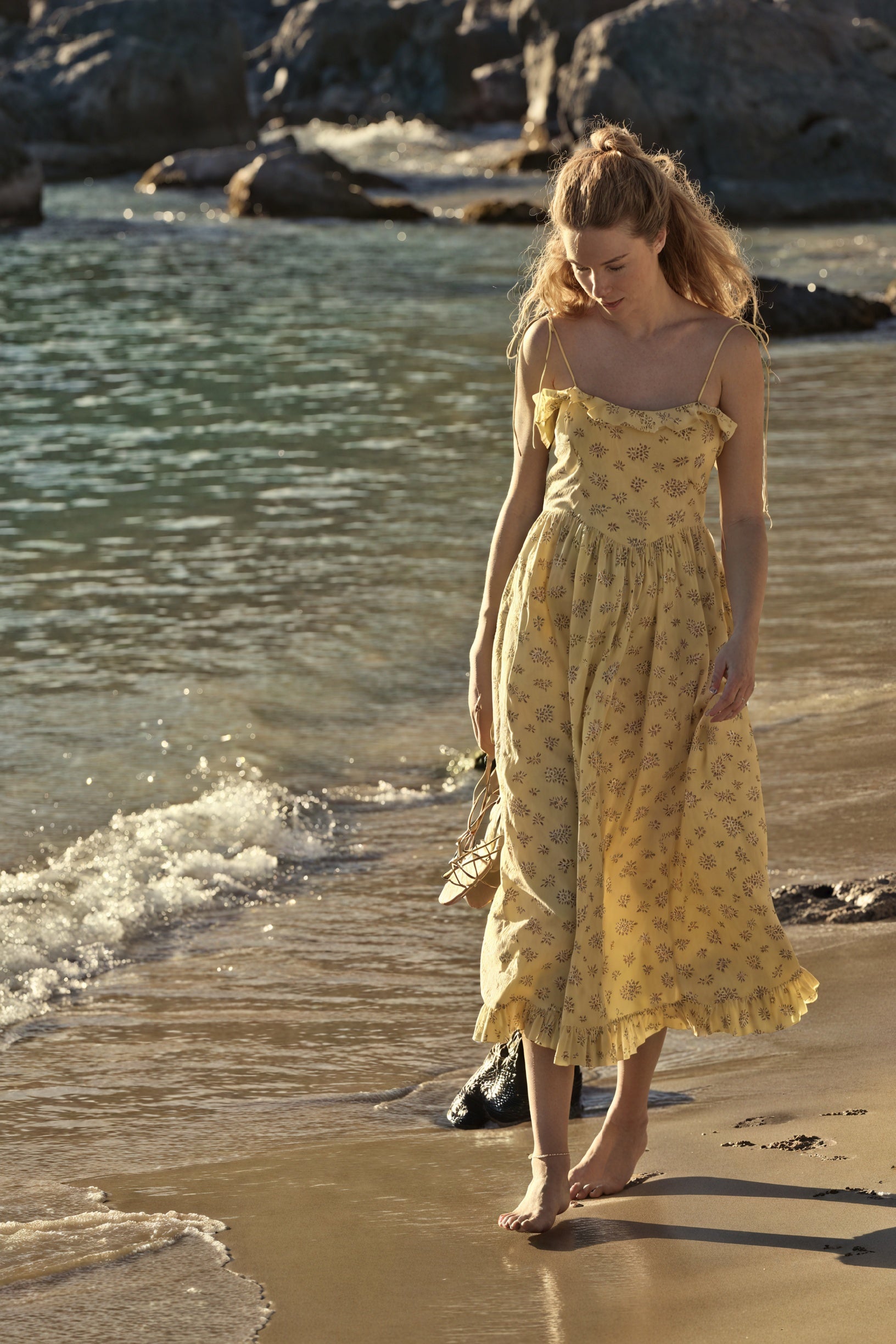 Floral Ruffle Midi Dress - Spaghetti Strap