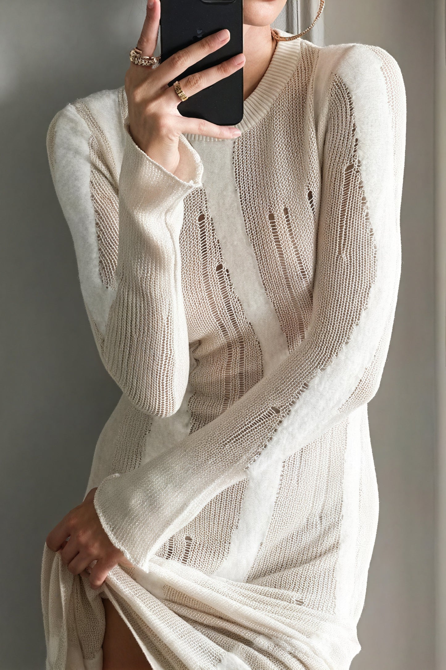 Ribbed Knit Dress with Perforated Details