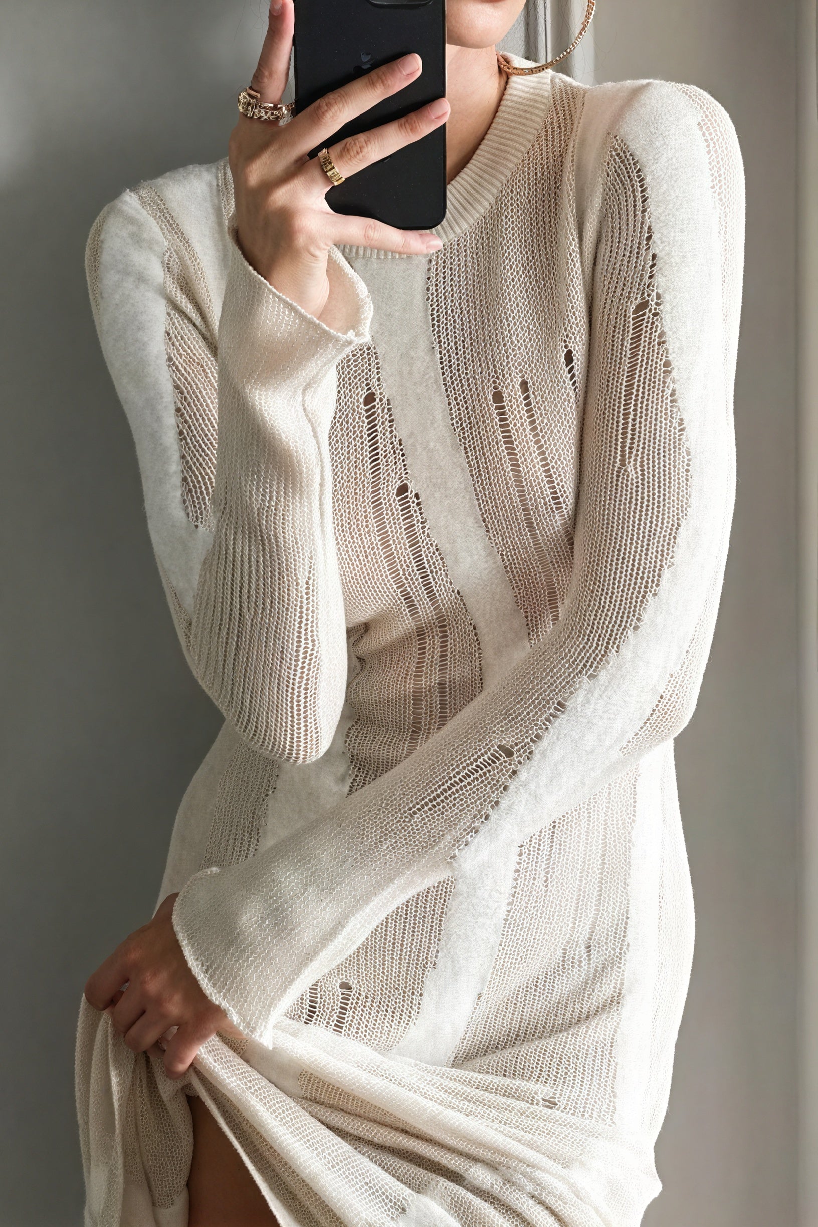 Ribbed Knit Dress with Perforated Details