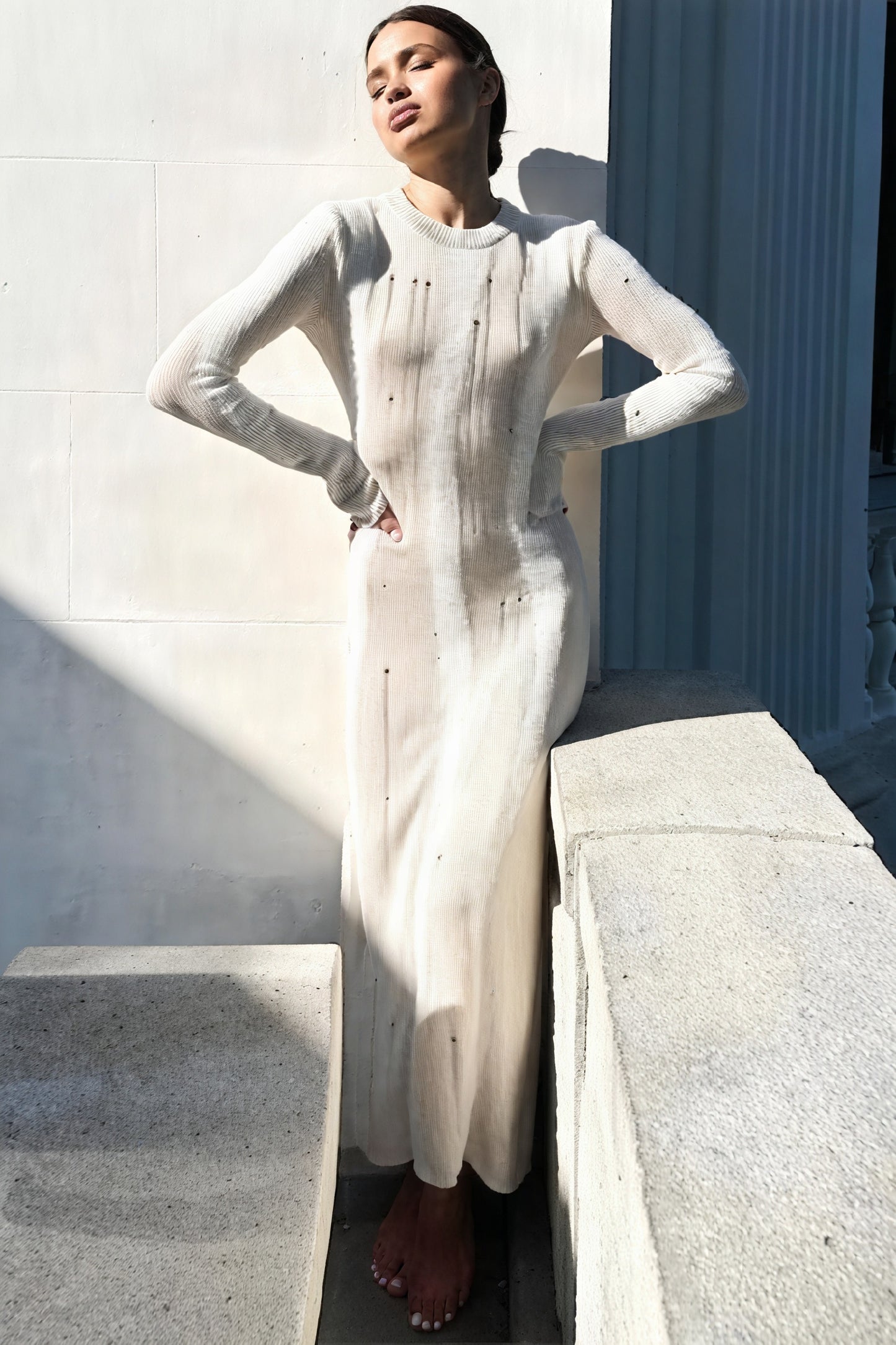 Ribbed Knit Dress with Perforated Details