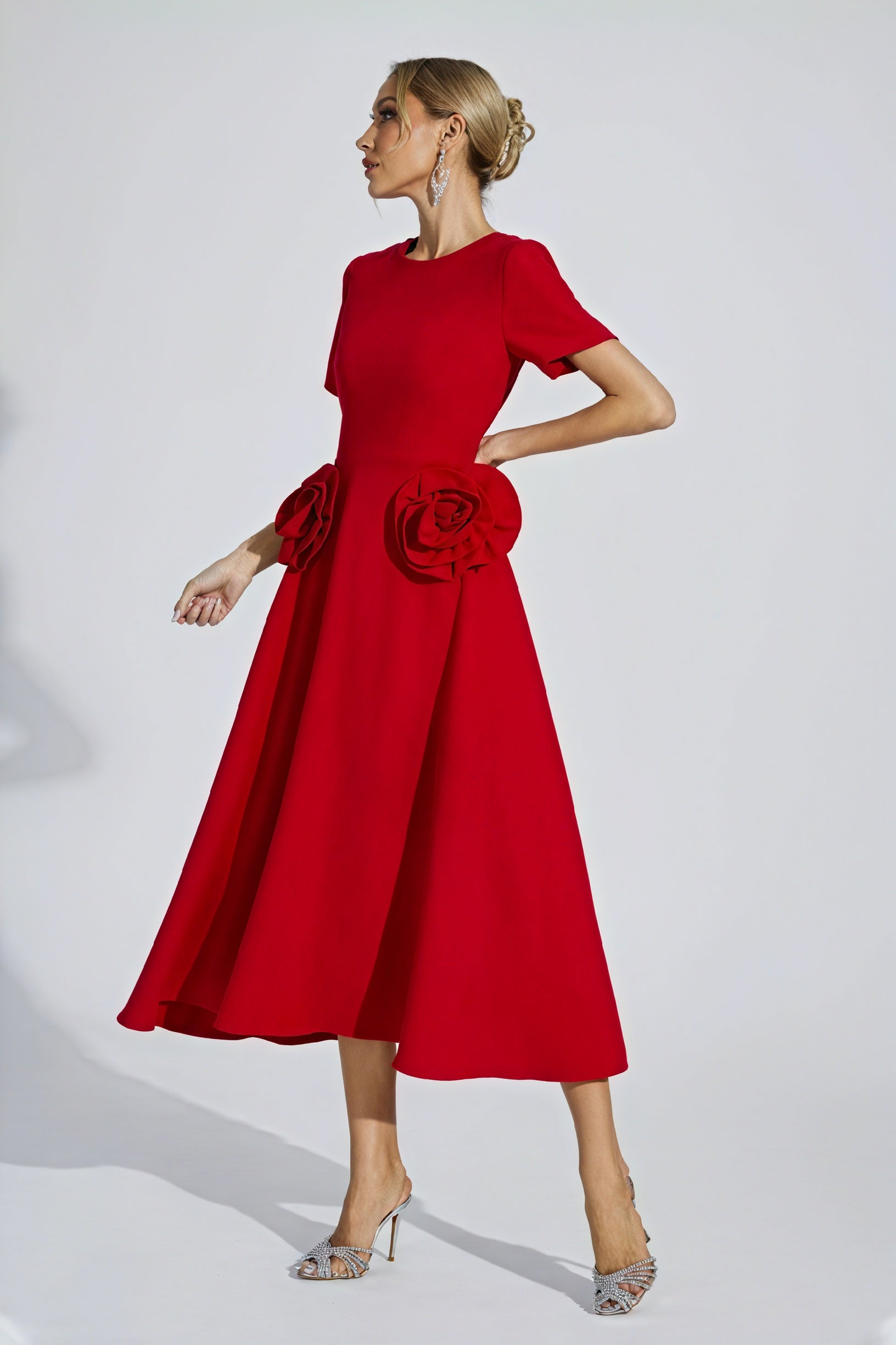 Rose Detail Midi Dress - Fitted Cocktail Style