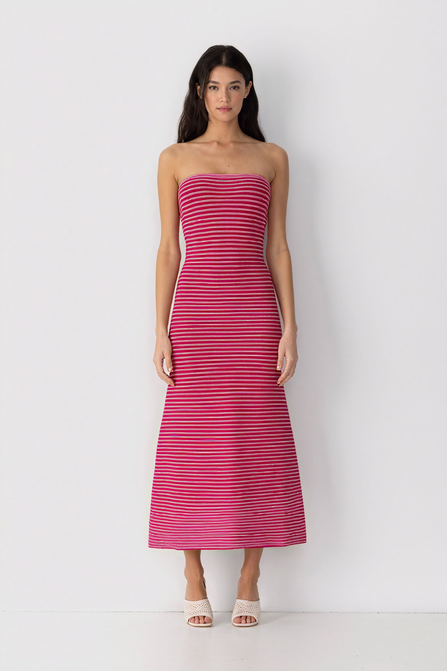 Striped Knit Midi Dress - Ribbed Texture