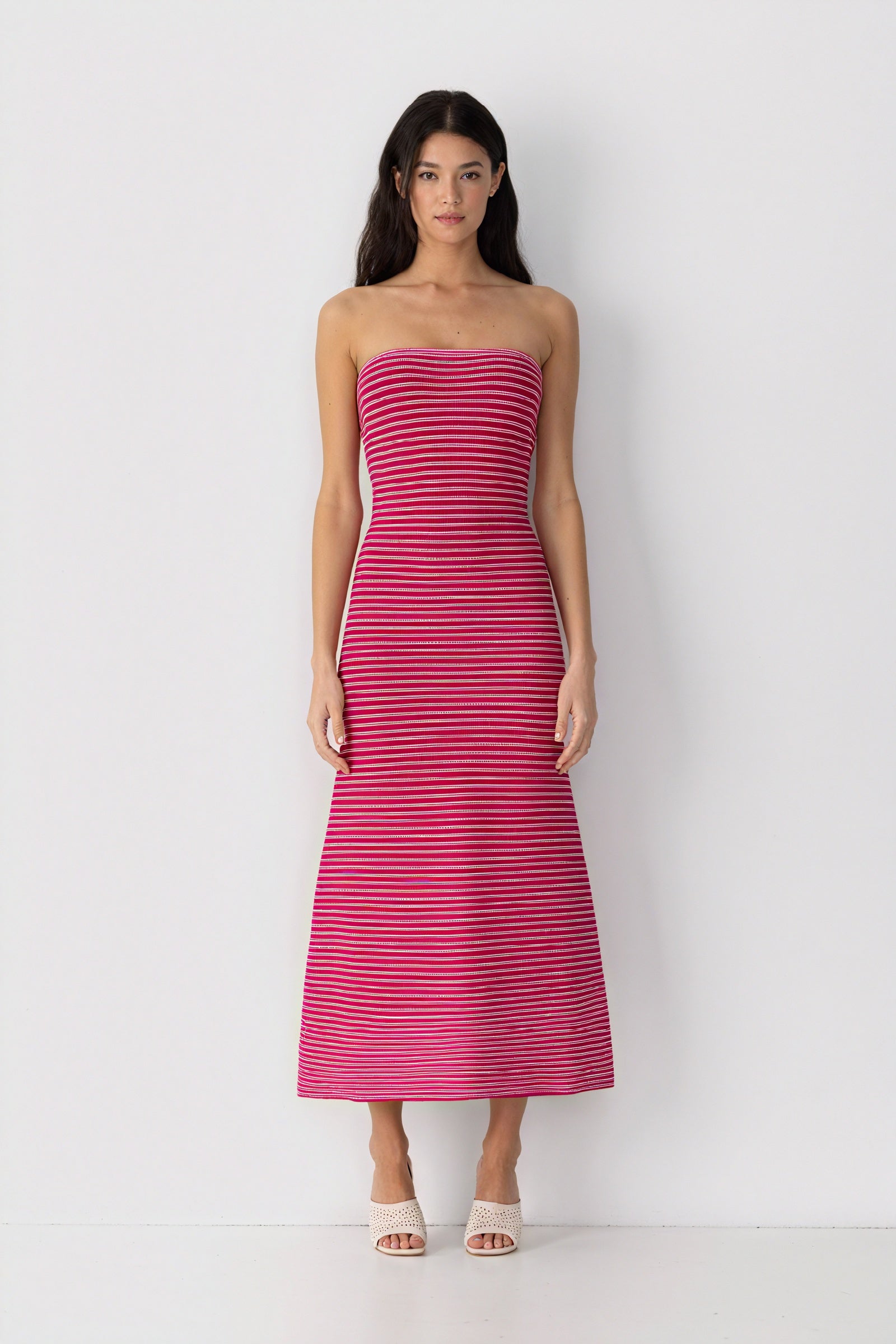 Striped Knit Midi Dress - Ribbed Texture