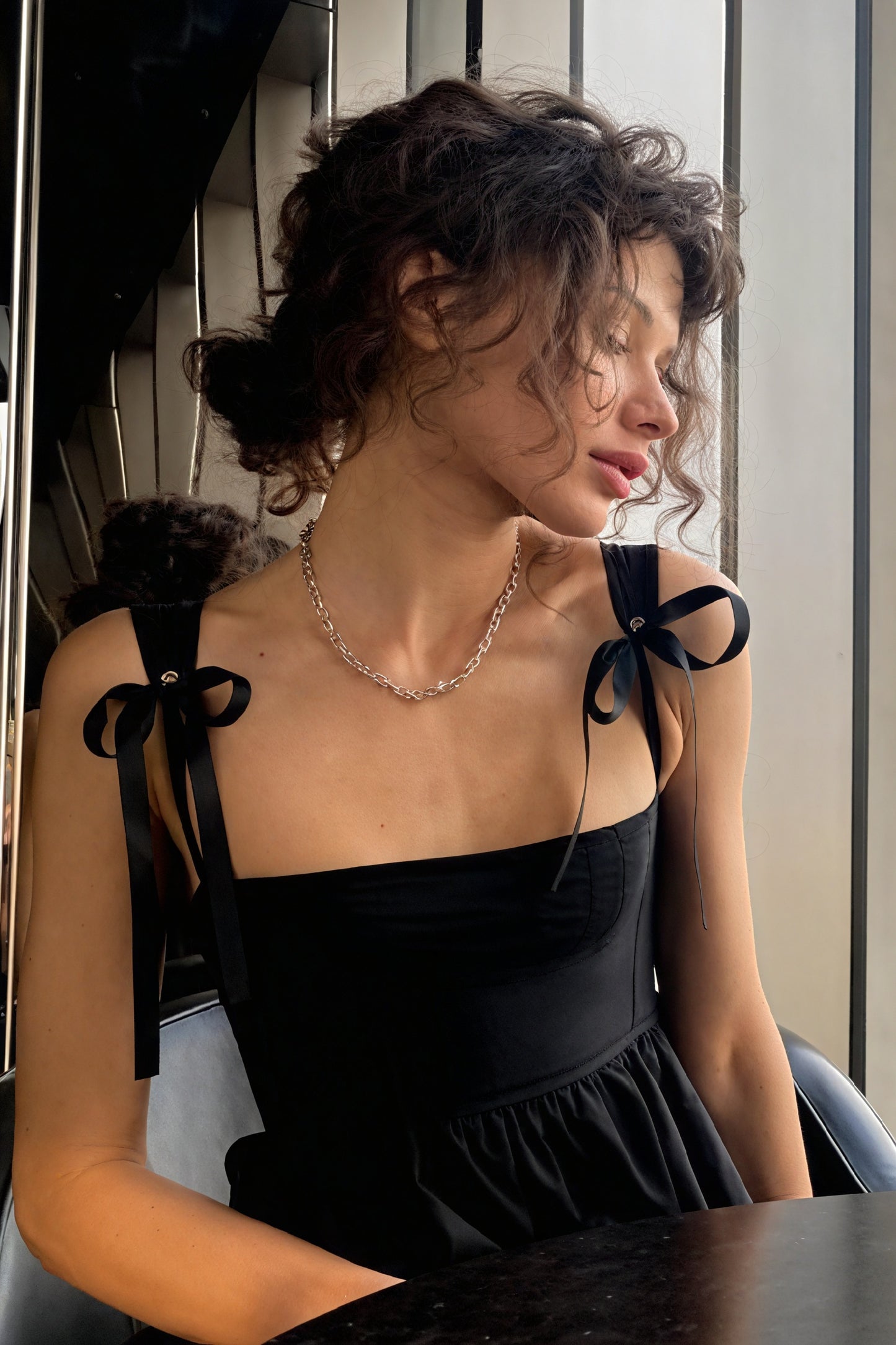 Bow Shoulder Mini Dress - Flared Skirt, Modern