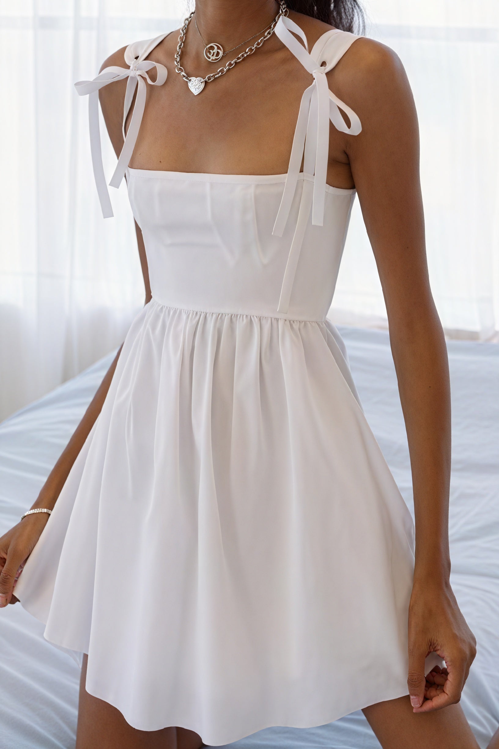 Bow Shoulder Mini Dress - Flared Skirt, Modern