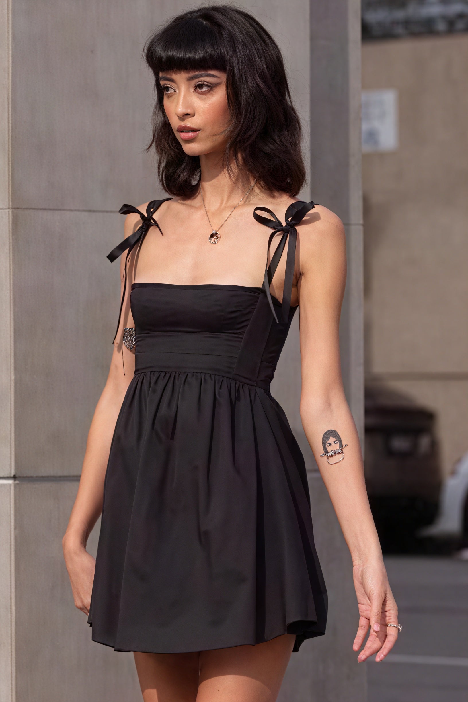 Bow Shoulder Mini Dress - Flared Skirt, Modern