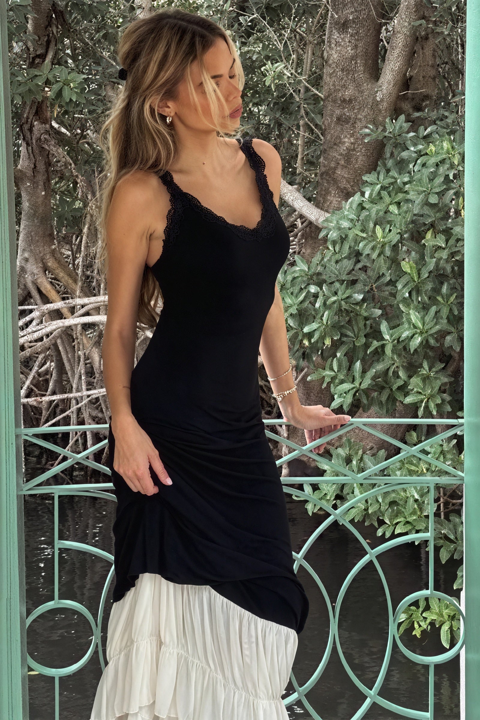 Layered Maxi Dress - Fitted Bodice & Lace