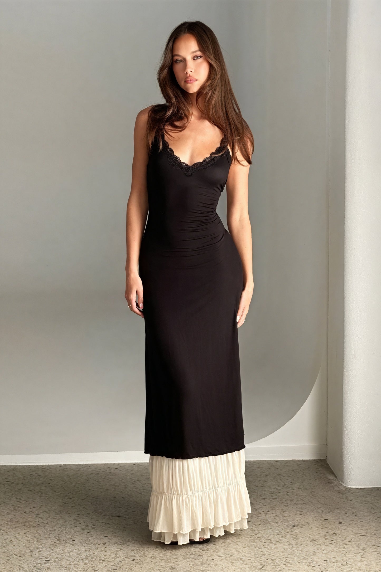 Layered Maxi Dress - Fitted Bodice & Lace