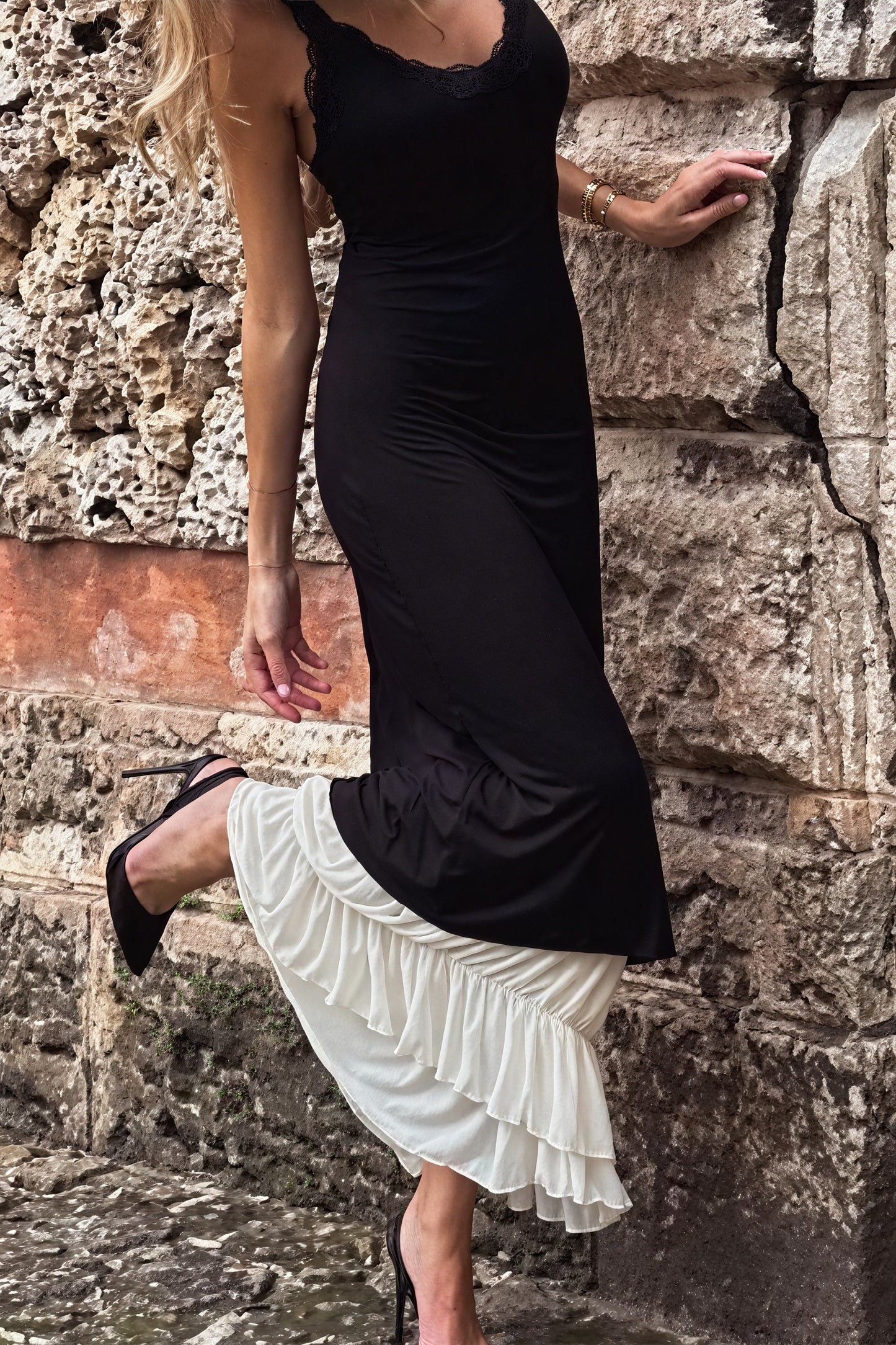 Layered Maxi Dress - Fitted Bodice & Lace