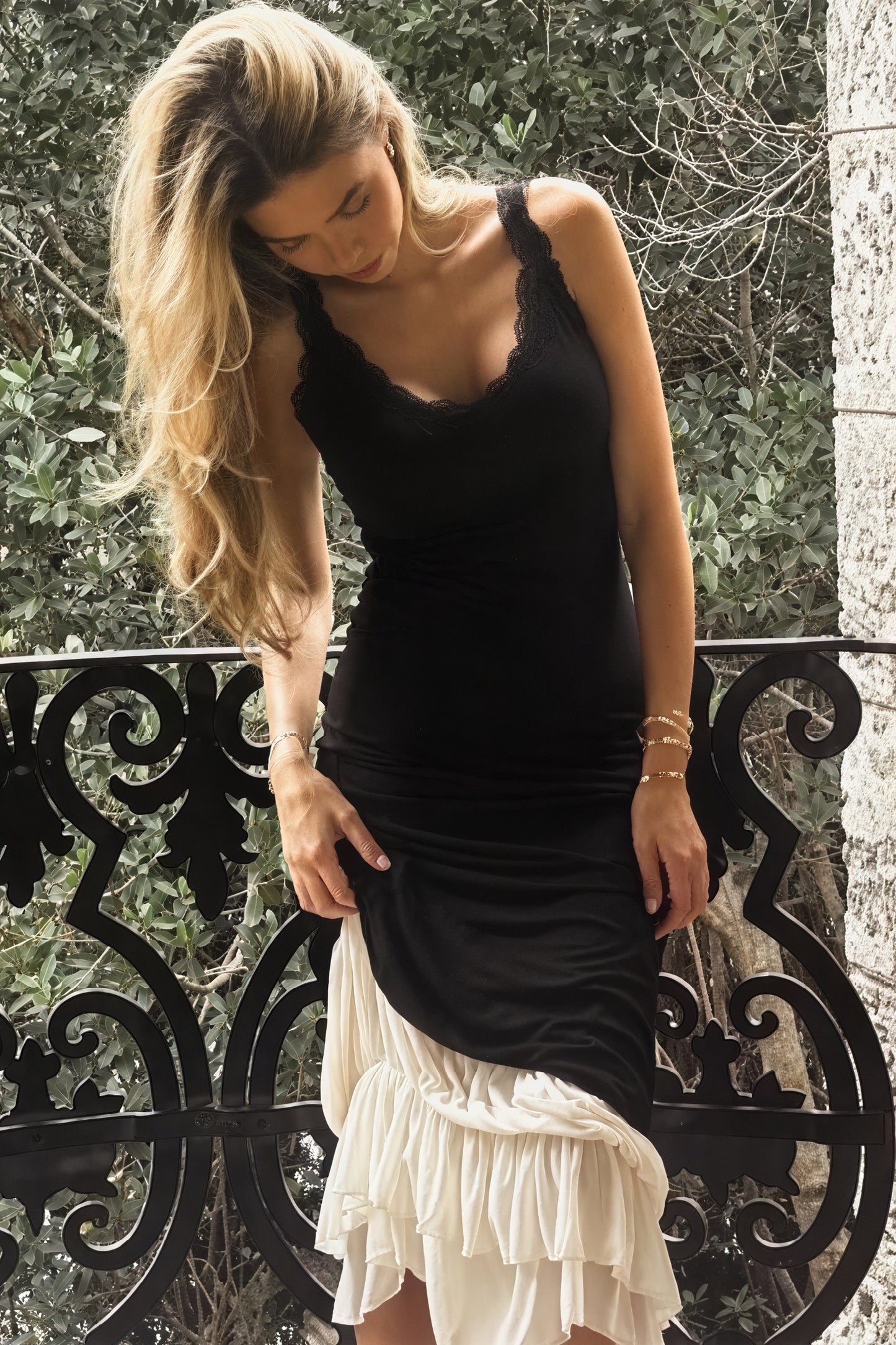 Layered Maxi Dress - Fitted Bodice & Lace