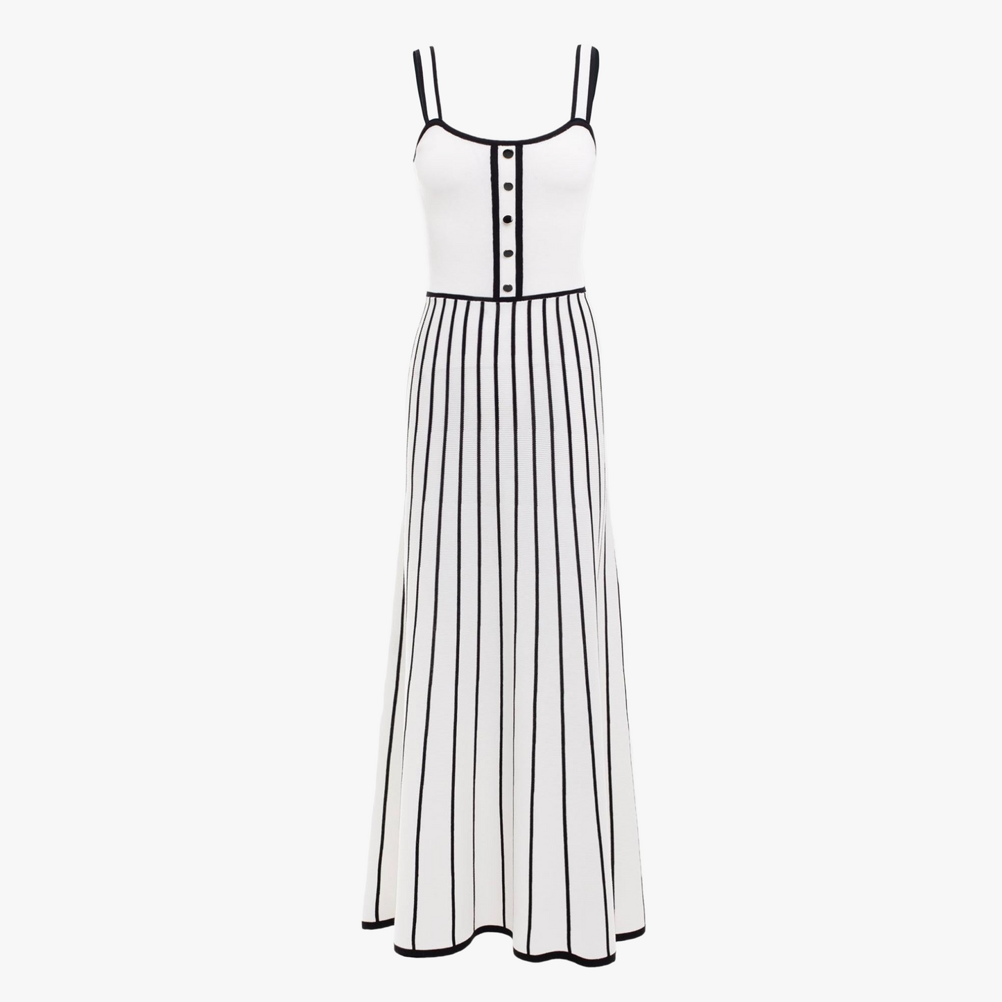 Striped Midi Dress - Button Bodice, Square Neck