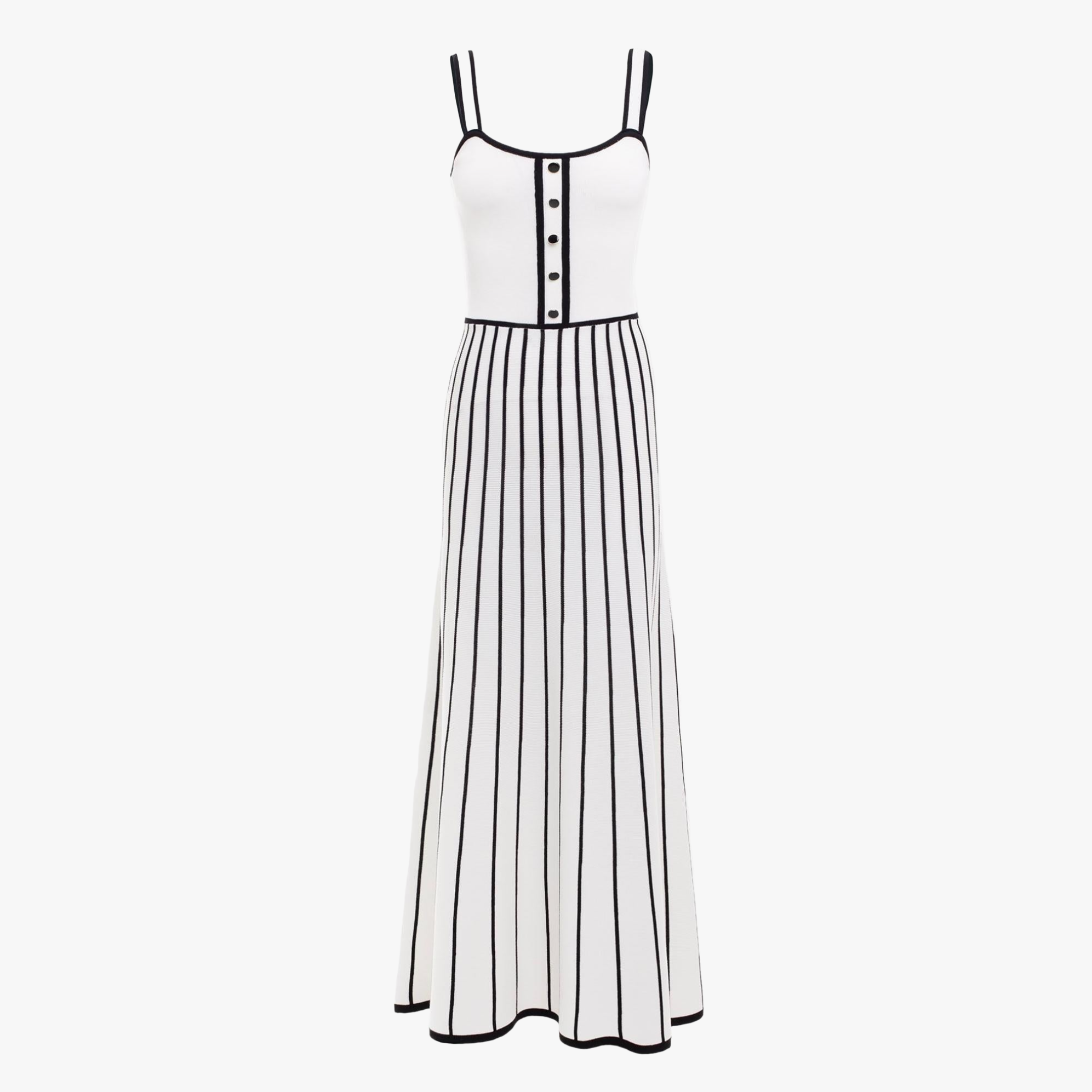Striped Midi Dress - Button Bodice, Square Neck