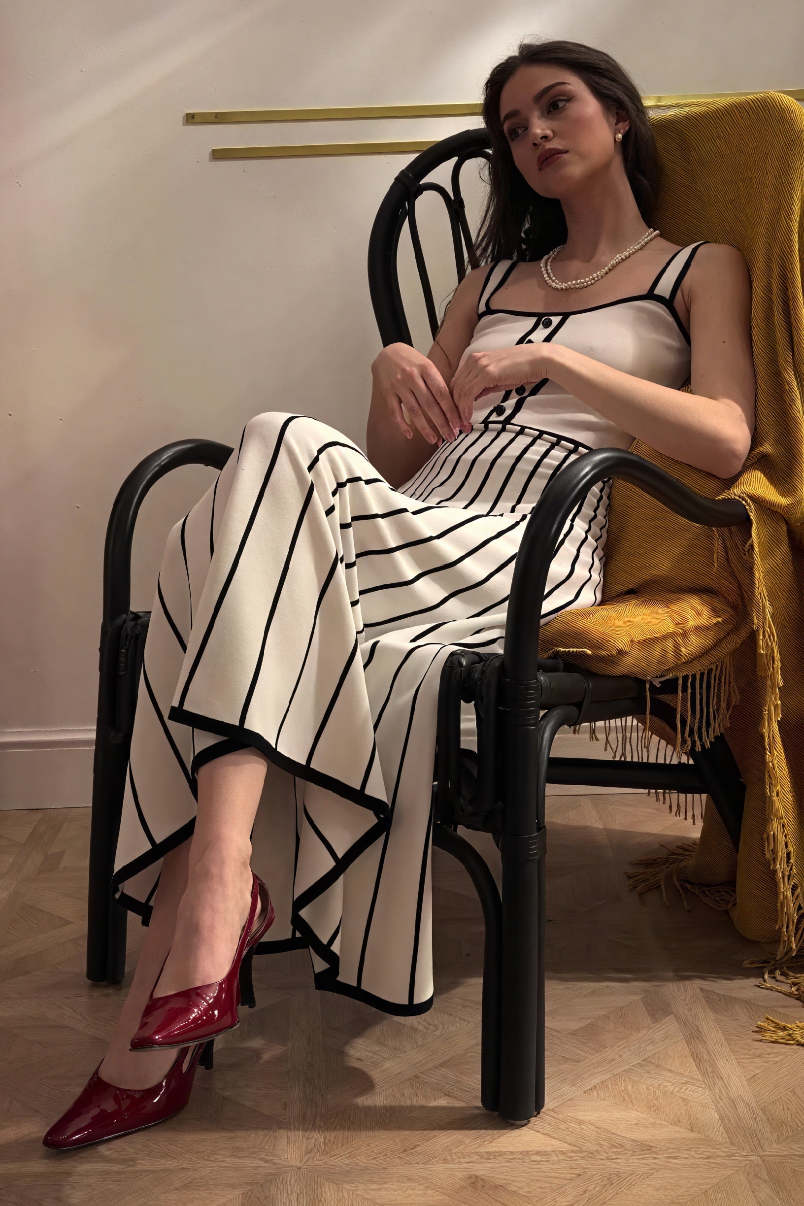 Striped Midi Dress - Button Bodice, Square Neck