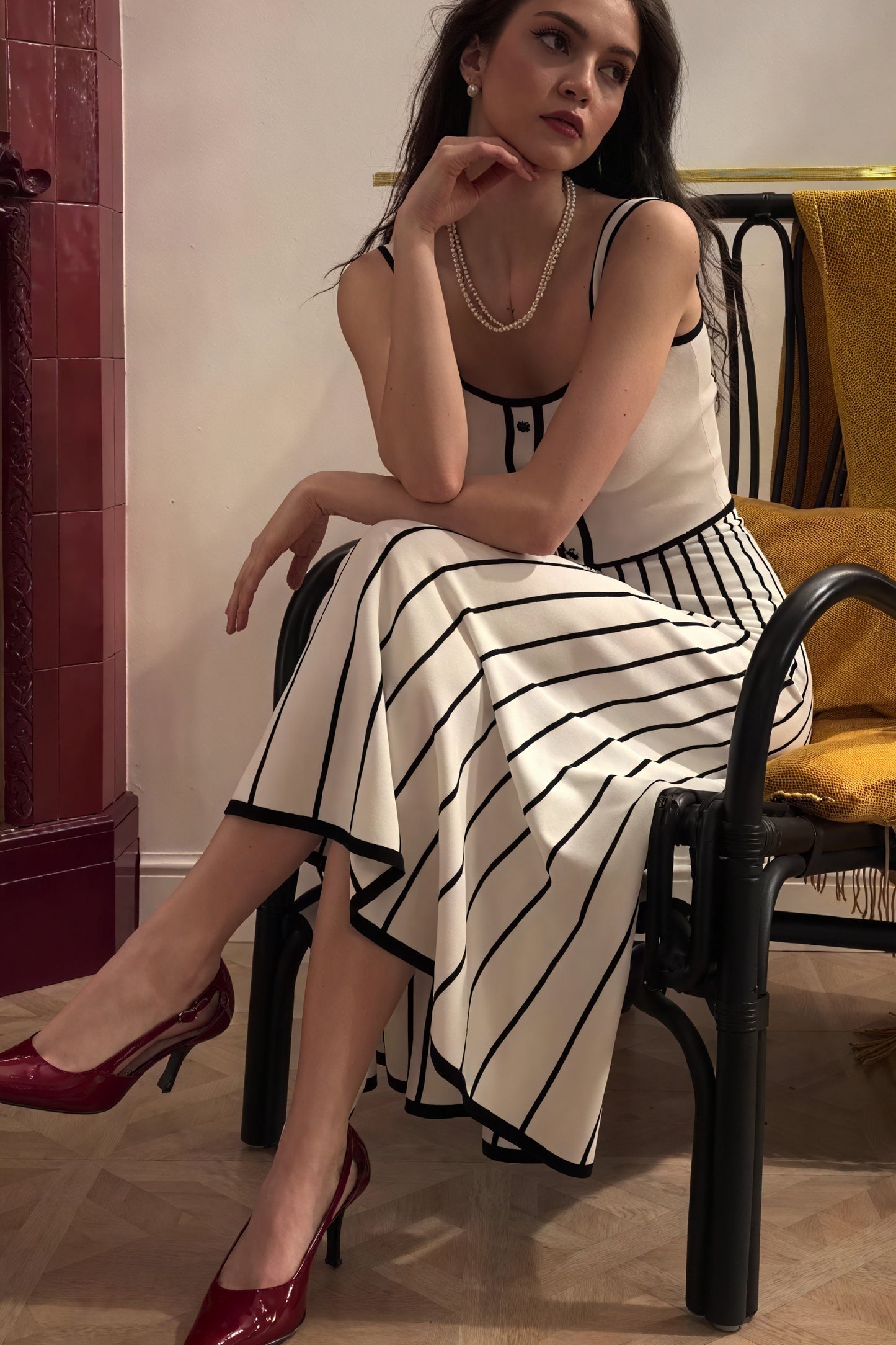 Striped Midi Dress - Button Bodice, Square Neck