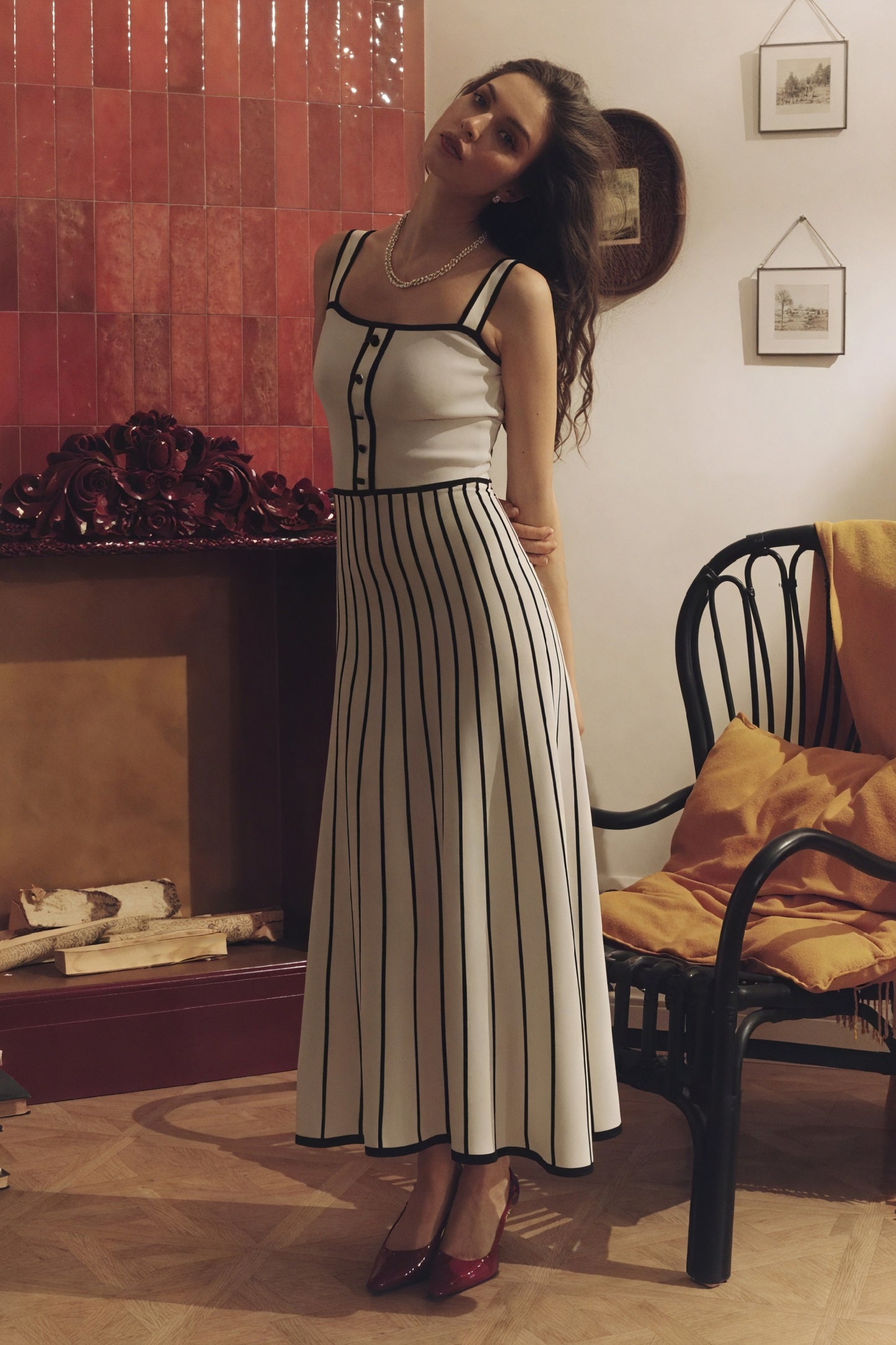 Striped Midi Dress - Button Bodice, Square Neck