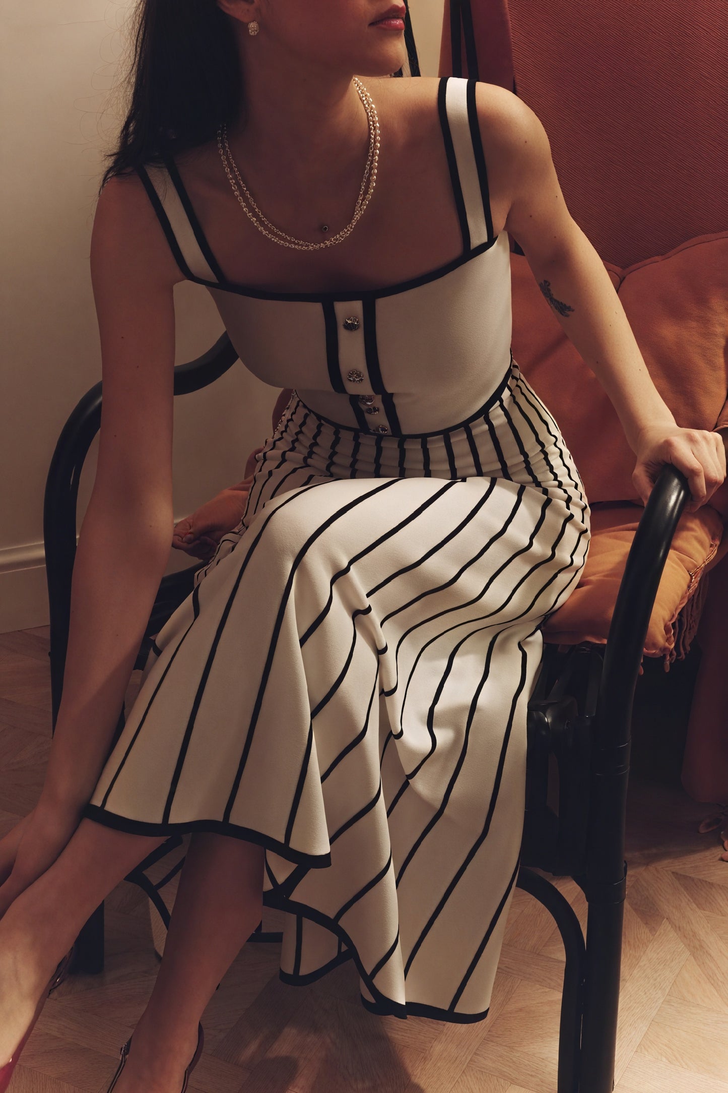 Striped Midi Dress - Button Bodice, Square Neck