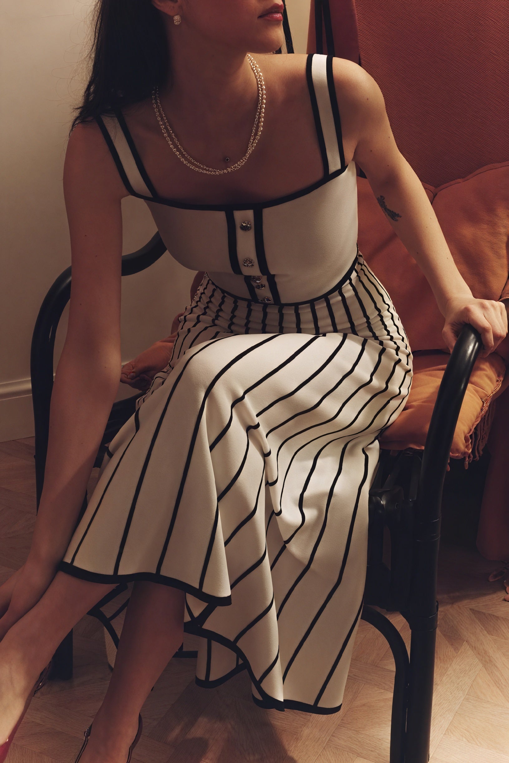 Striped Midi Dress - Button Bodice, Square Neck
