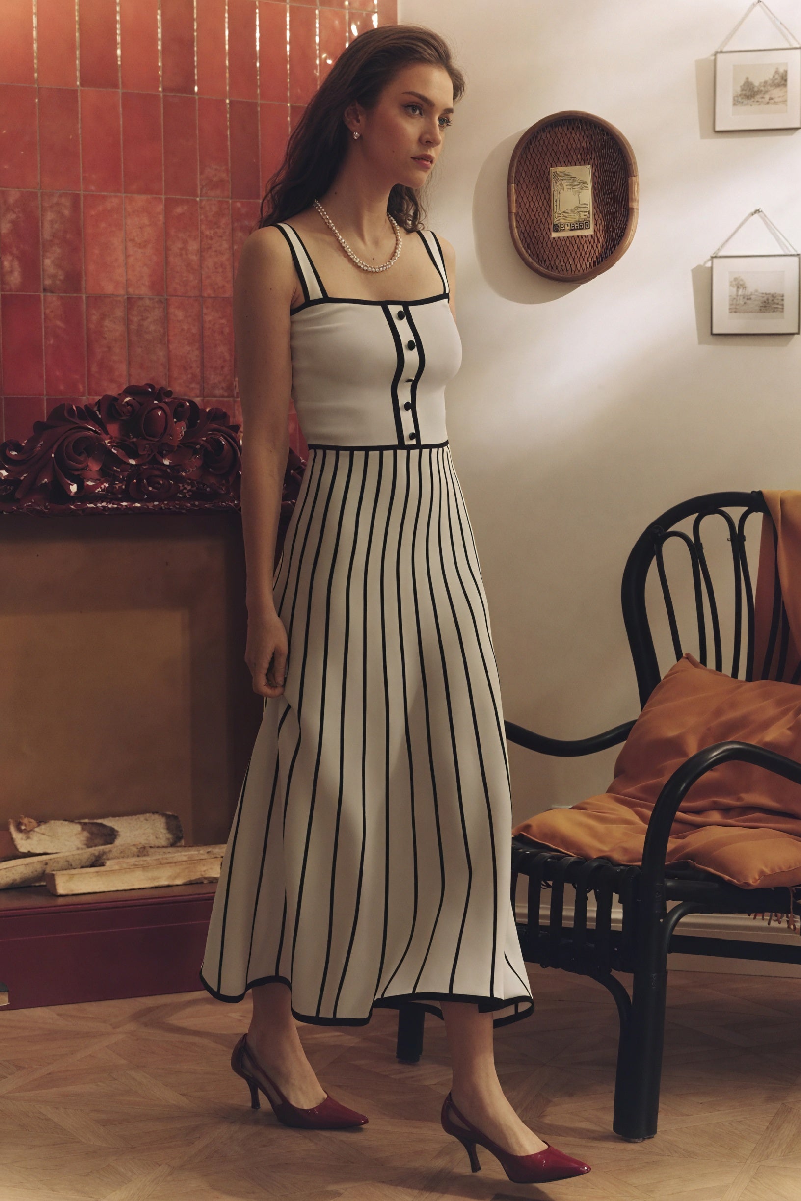 Striped Midi Dress - Button Bodice, Square Neck
