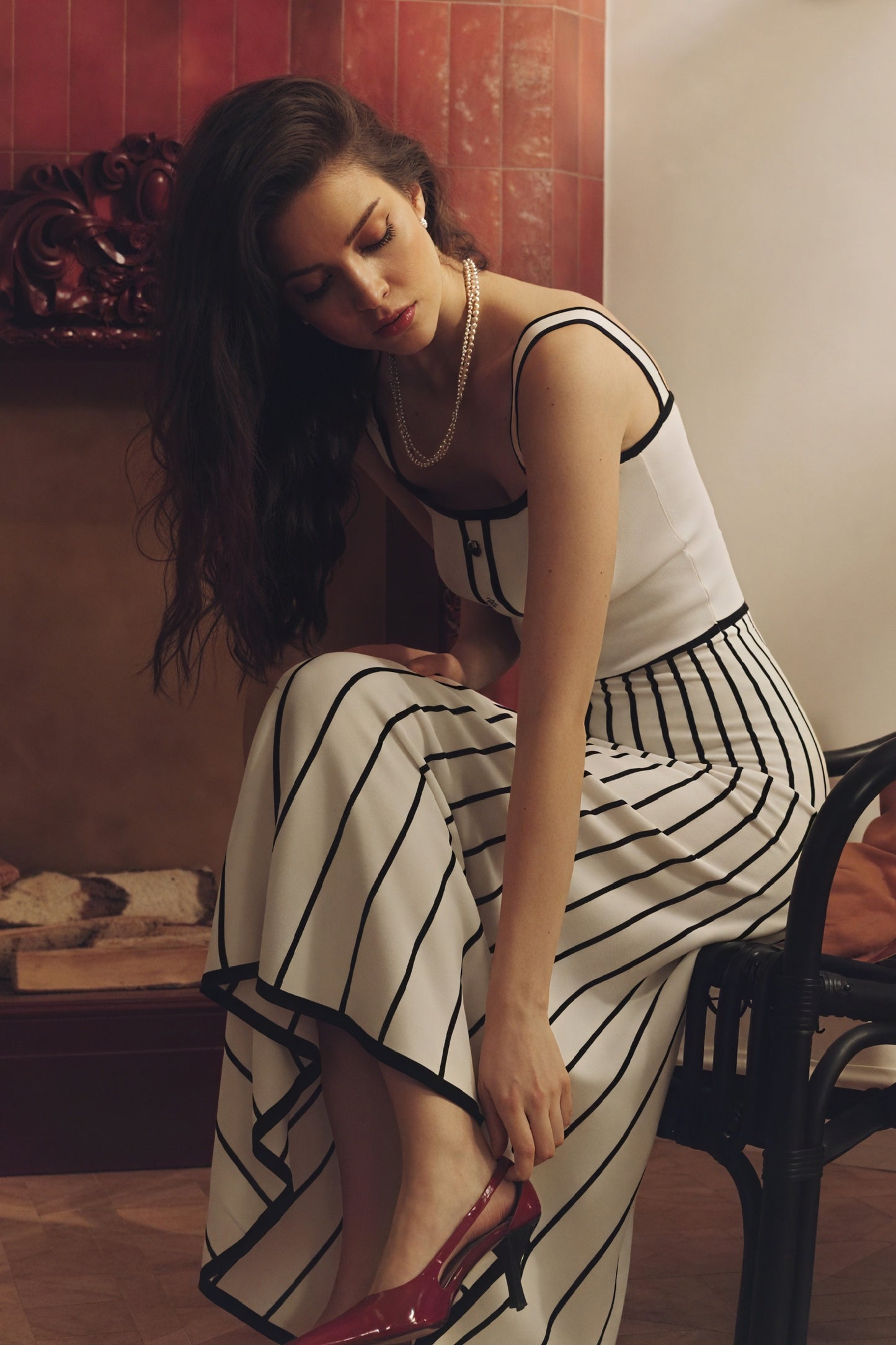 Striped Midi Dress - Button Bodice, Square Neck